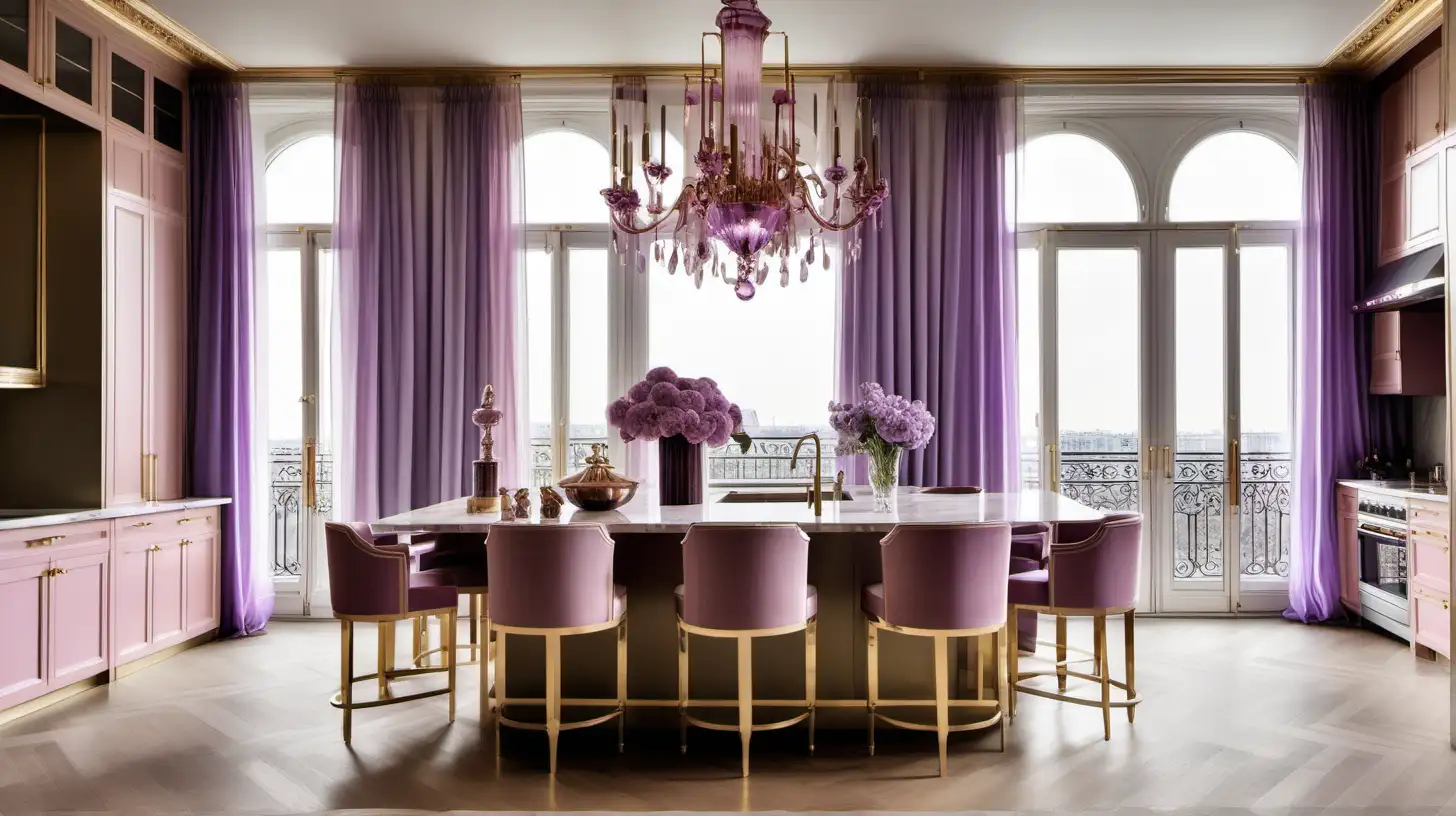 modern Parisian palatial kitchen; beige, pink, lilac, oak, brass colour palette; floor to ceiling windows with sheer curtains; chandelier;
