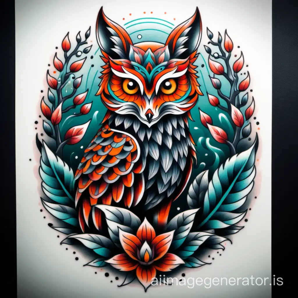orange red Grey black mythical creature neotraditional tattoo plant nature water fox owl teal
