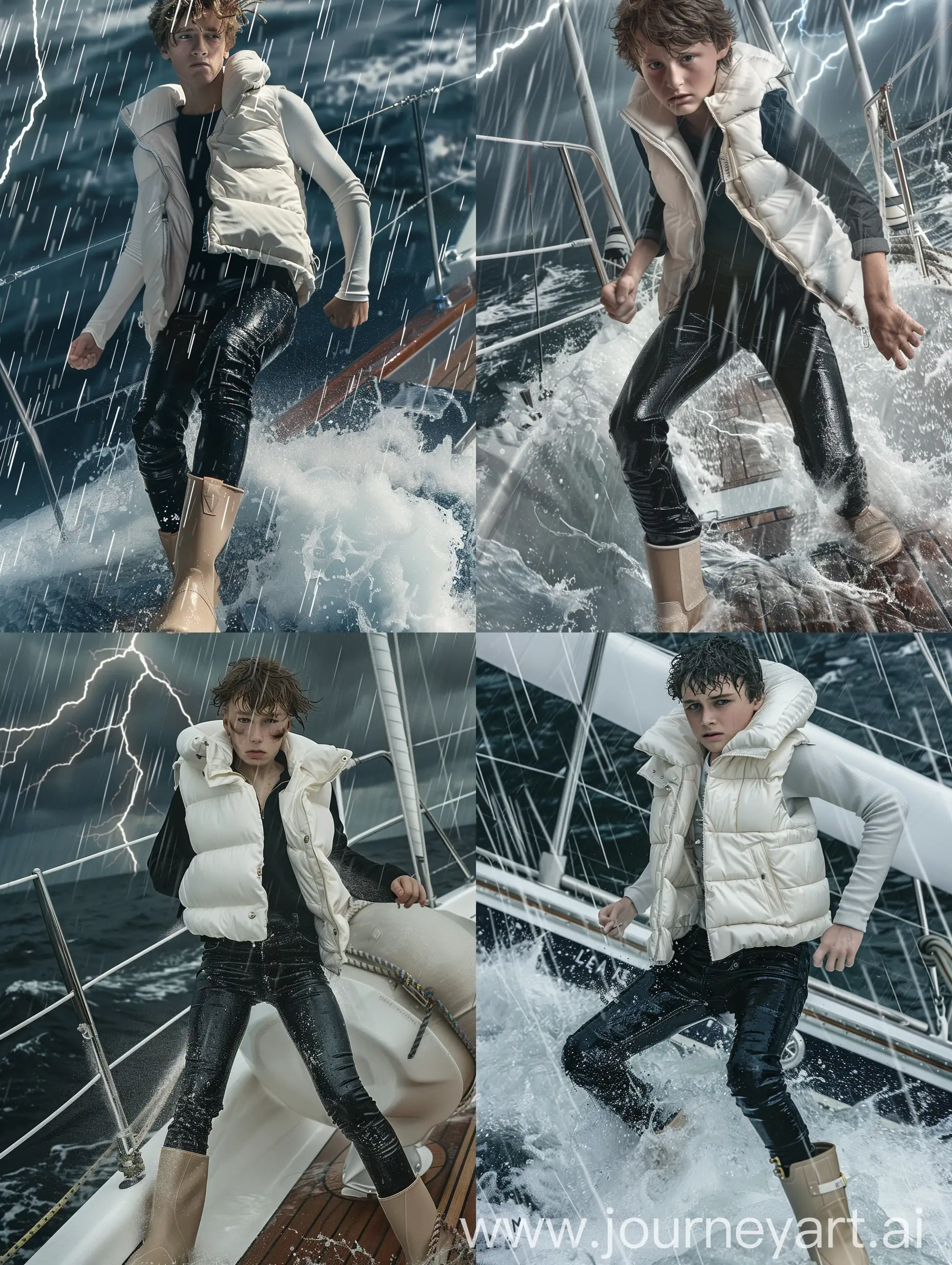 soaked realistic picture, of a 18 year old white, normal body shaped, kid boy, wearing black super skinny, super stretch, super tight, Levi's jeans legging, bottom, open white puffy vest , beige catterpilar boots, on board of a yacht, the ship's heavy swell causes him to stumble and be catapulted overboard, heavy rain and lightning. seen from front