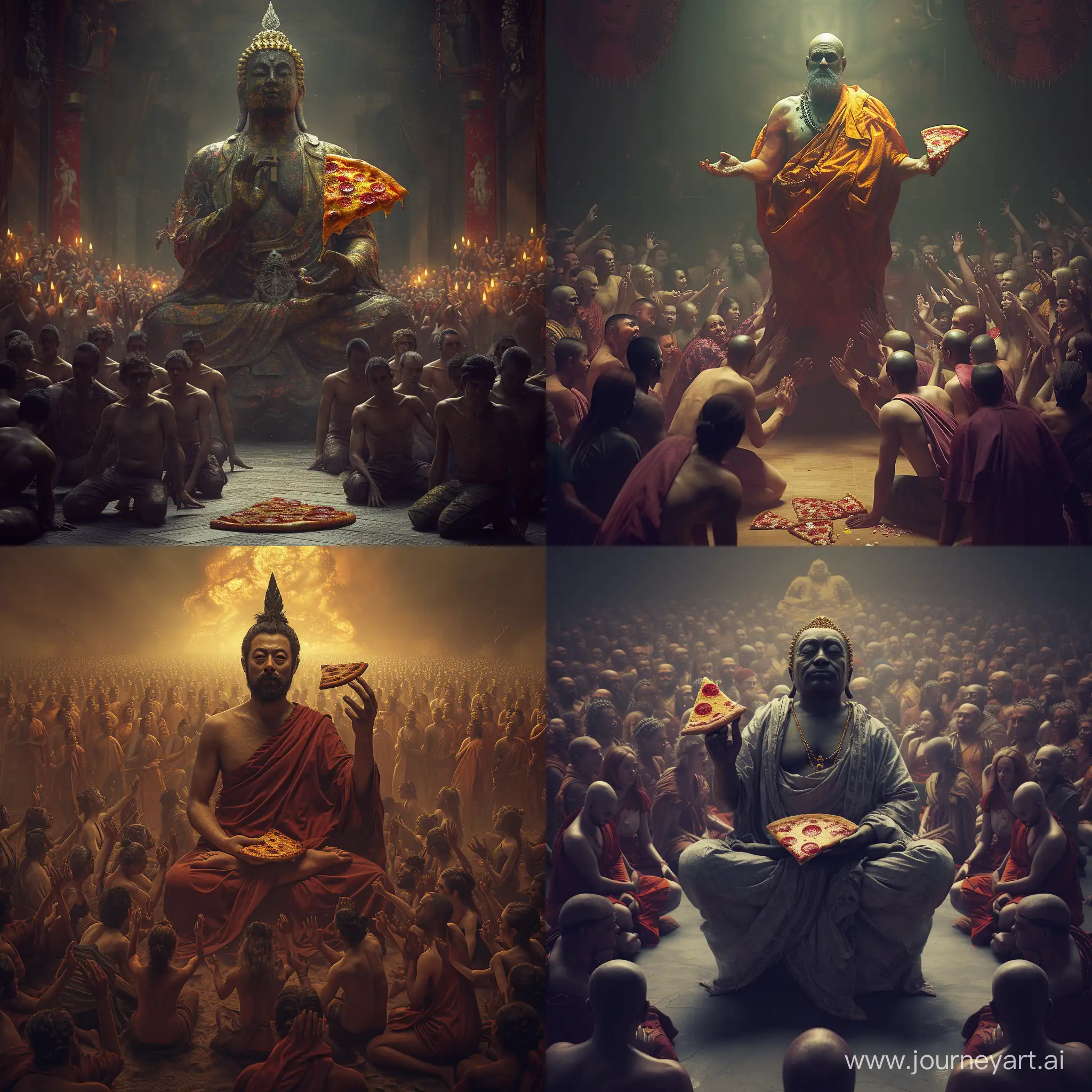 Photo realistic cinematic 1:1 daivd portnoy as a buddha with a slice of pizza in his hand with millions of people worshipping him all around him kneeling down. Sinister Ambience