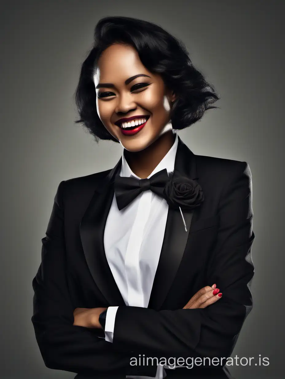 Smiling-Indonesian-Woman-in-Black-Tuxedo-with-Corsage