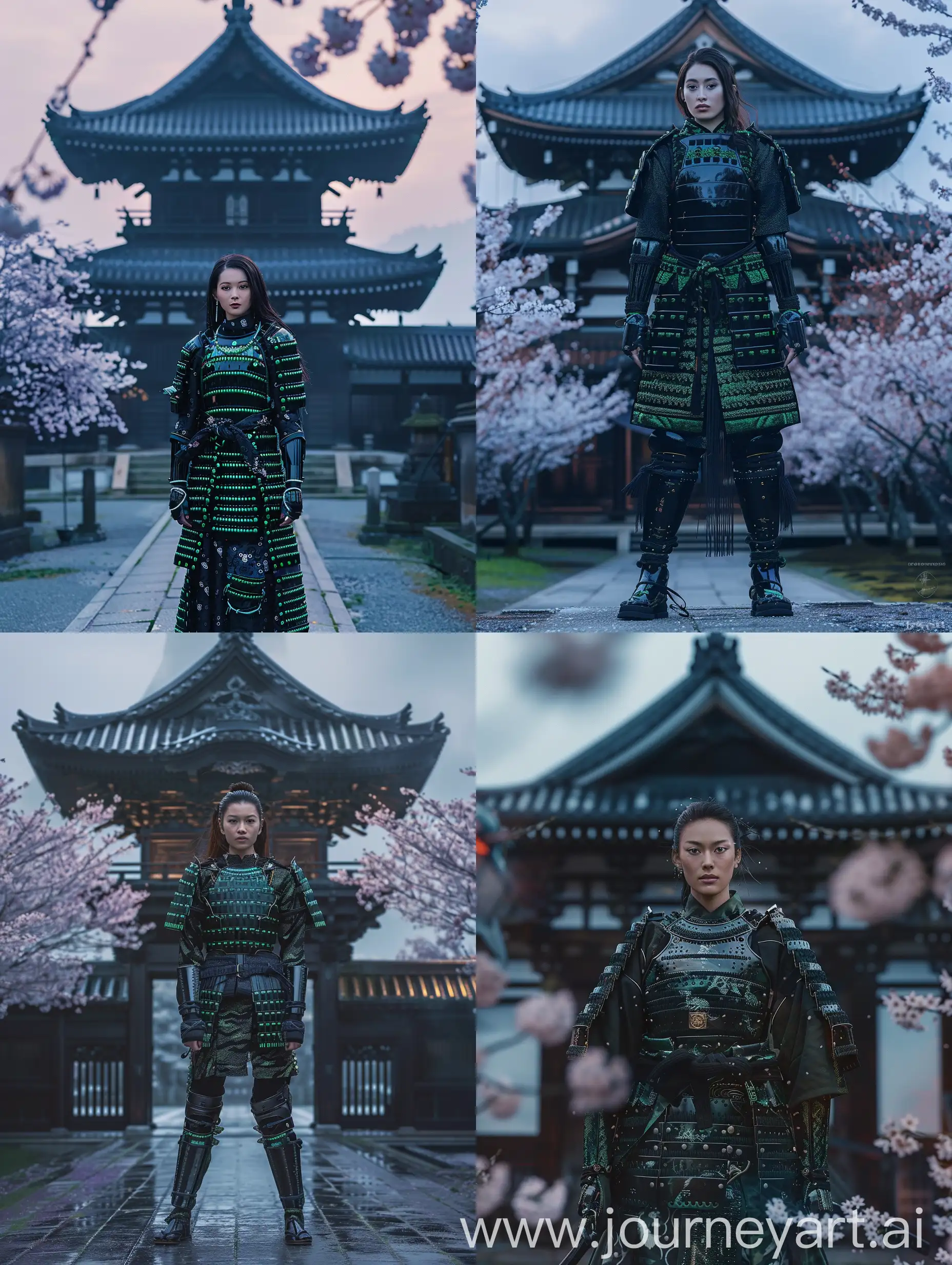 yoroi-Samurai-Warrior-in-Black-and-Green-Armor-at-Japanese-Temple