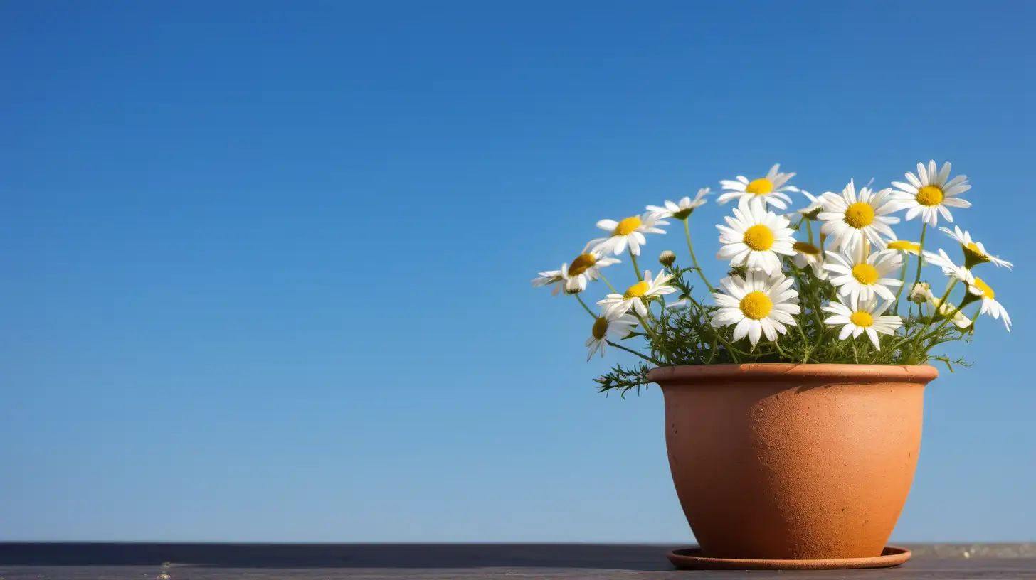 Chamomile Flowers in Pot Against Blue Sky with Copy Space