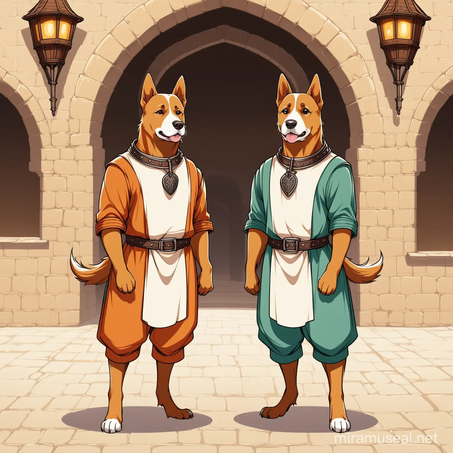 two personified male dogs wearing the same clothes, same color, cartoon style, full body, medieval European slave clothes, ancient Turkish building background