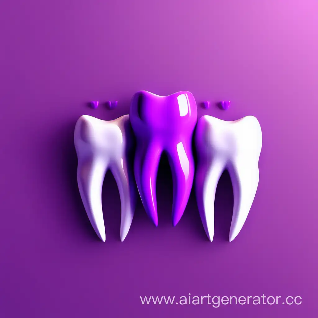 Postcard in minimalist style, beautiful 3D teeth. Congratulations on International Dentist Day. In shades of purple.