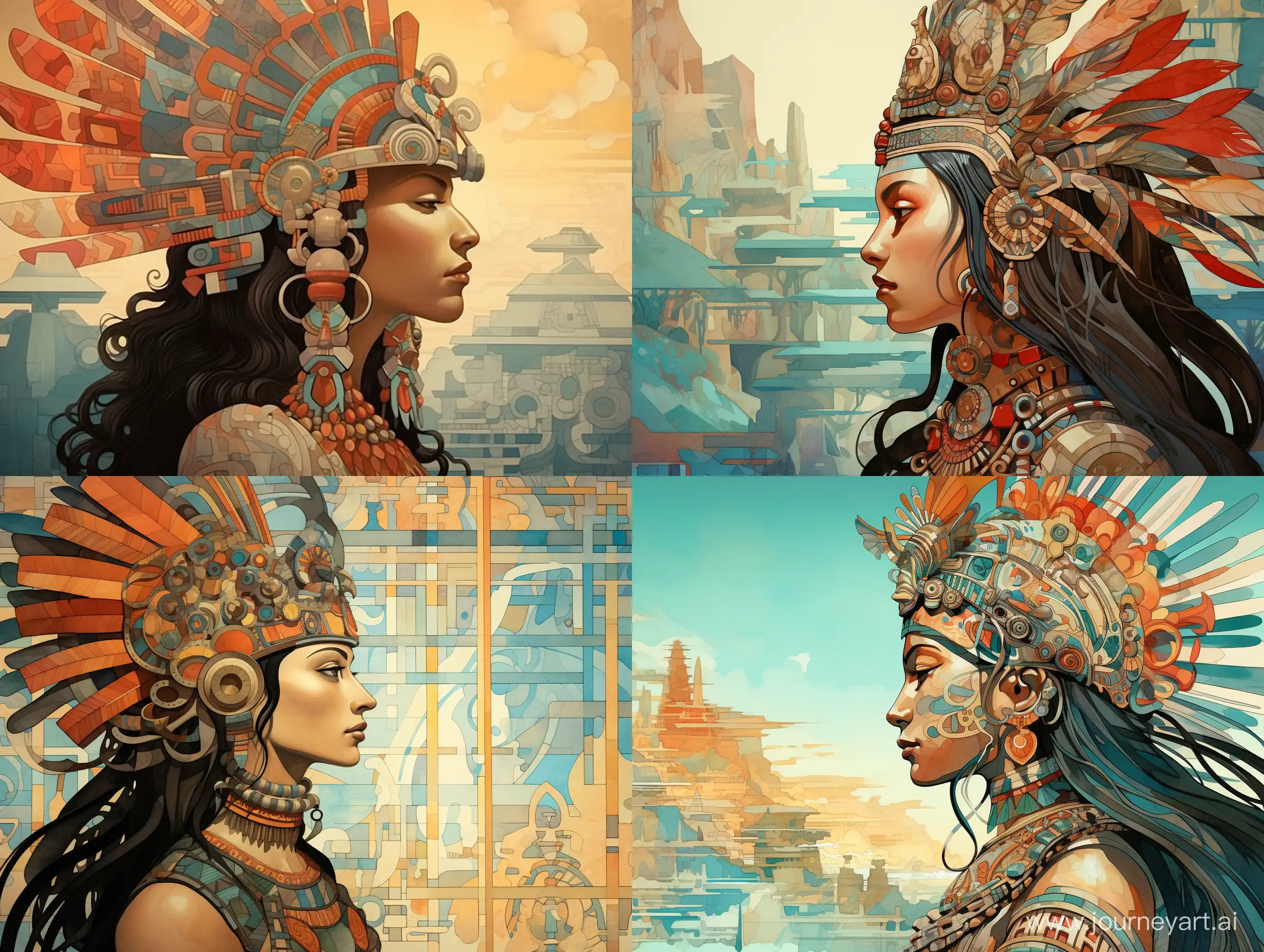 Ancient-Civilization-Profile-Aztec-Queen-in-Stylized-Watercolor-Illustration