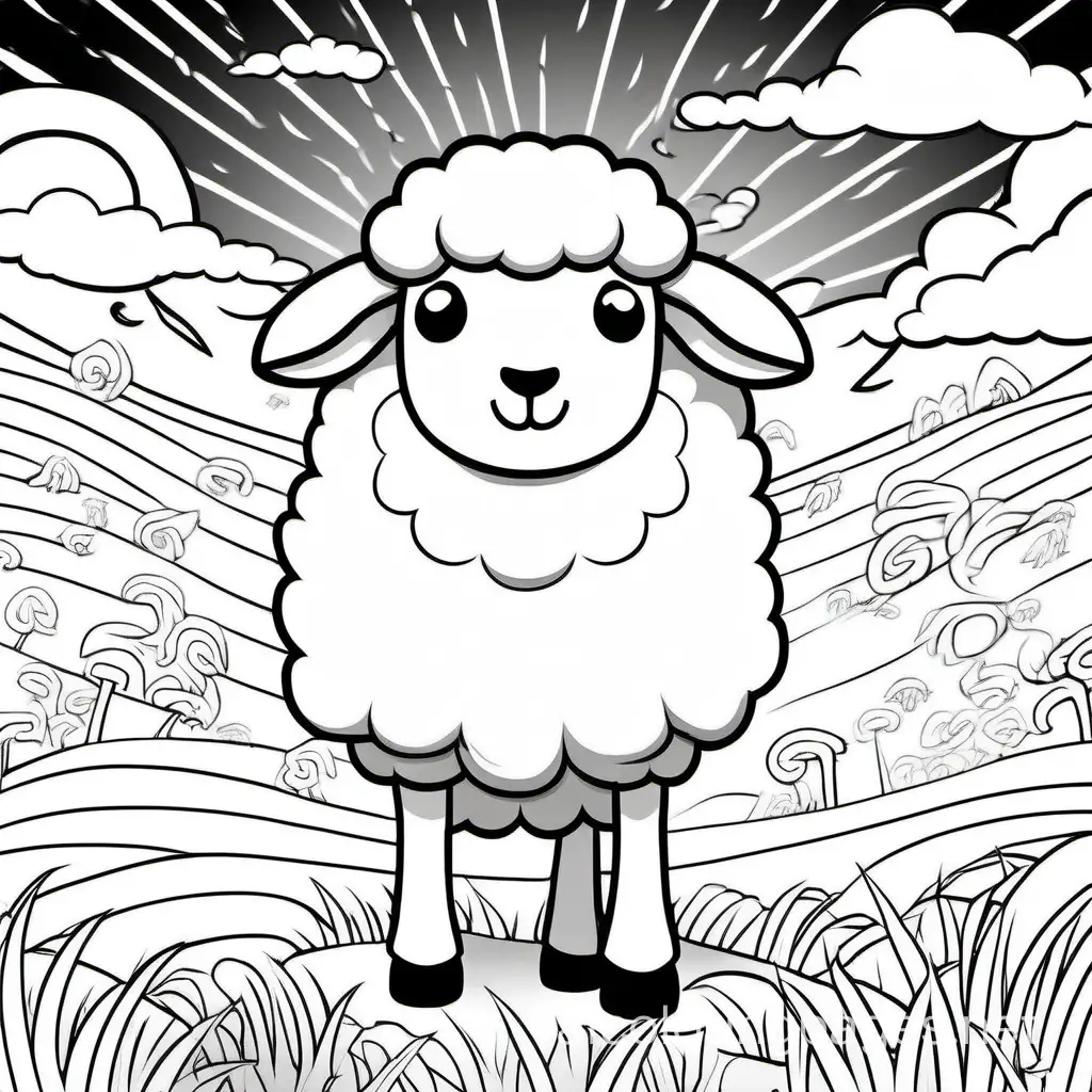 adorable sheep encountering a furious storm, Coloring Page, black and white, line art, white background, Simplicity, Ample White Space. The background of the coloring page is plain white to make it easy for young children to color within the lines. The outlines of all the subjects are easy to distinguish, making it simple for kids to color without too much difficulty