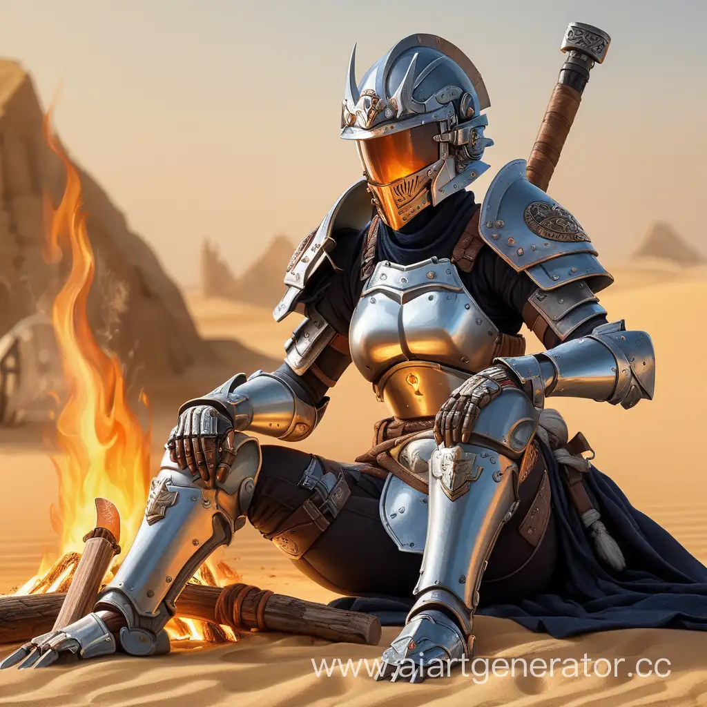 Cyborg, Female, ronin, fantasy, a deaf helmet, Middle Ages, two-handed sword, background of sands, Sitting by the campfire, a lot of augmentations