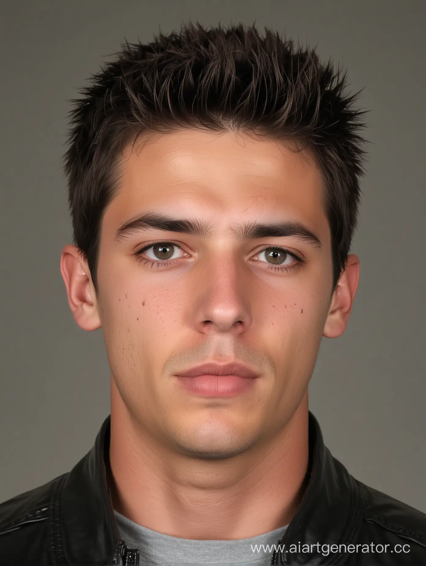 Generate a mugshot of a twenty-two-year-old American male. He has short hair. He is dressed in a black leather jacket. The expression on his face is neutral, with a hint of defiance in his eyes. The background of the mugshot is a standard gray backdrop commonly seen in police photographs. Ensure the lighting is even, highlighting his features distinctly.