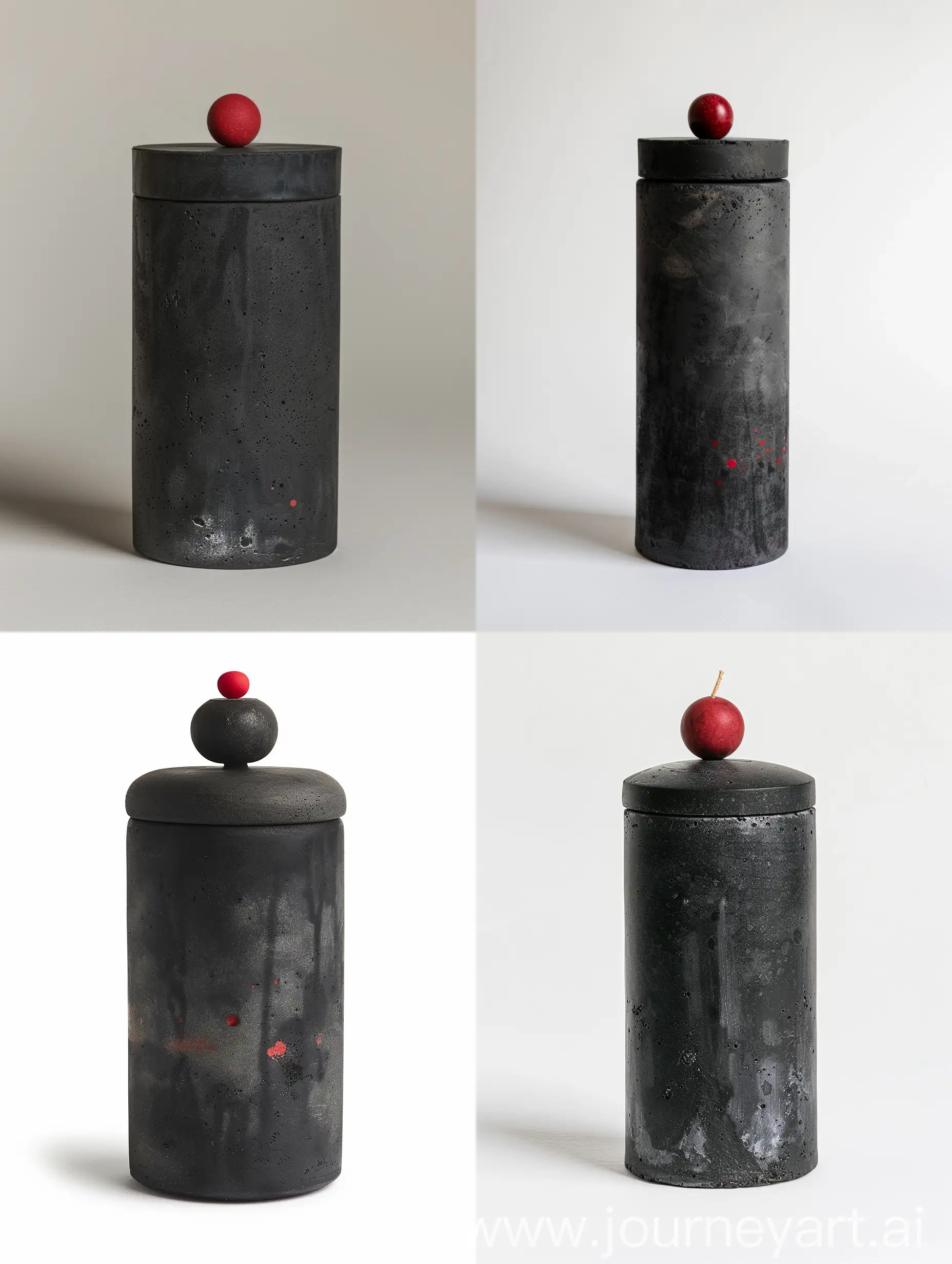A asthetic, realistic black cyliner cement container has a cap with a single regular-sized red bead-shape on top of its cap, intended to hold a scented candle