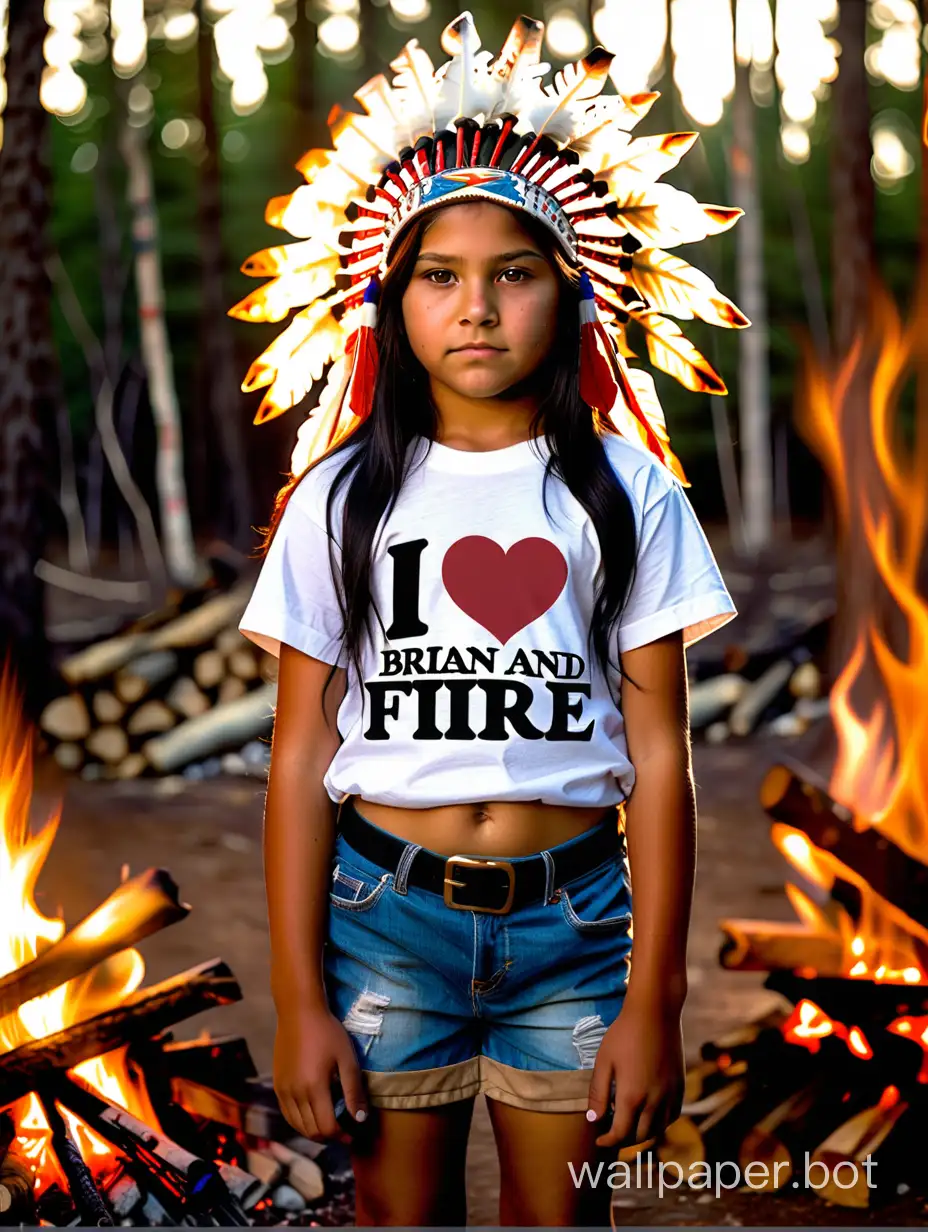 12 year old native American girl black hair brown eyes in a headdress wearing a shirt that says I love Brian and shorts standing by camp fire