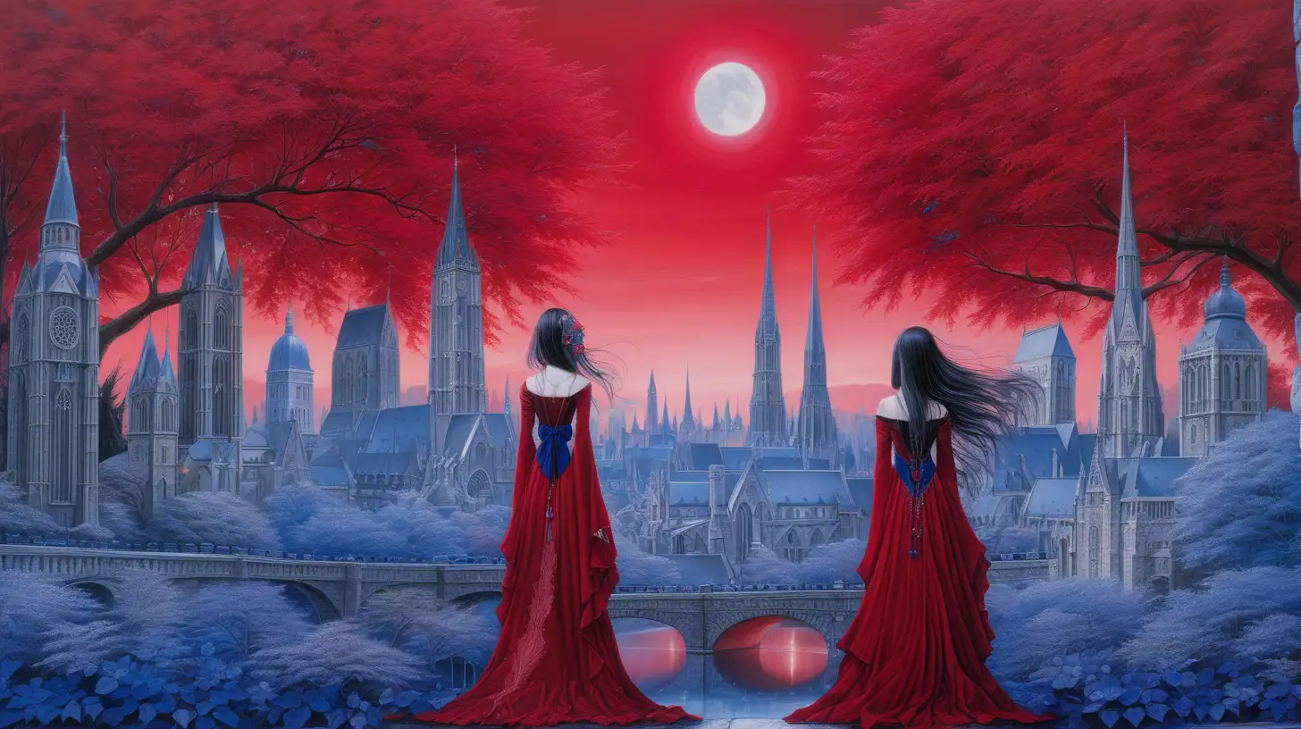 tonal colors, gothic, bohemian, art by Tetsuya Nomura, magic, ruby red, sapphire blue, bustling city, goldsworthy art, friends