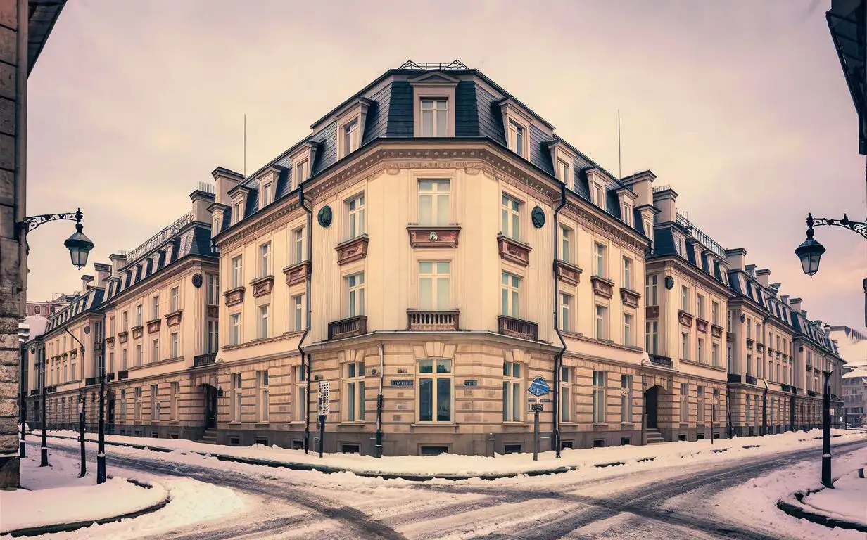 Apartment building in Berlin in 1933, 4 floors, Winter. 4K. French classicism. Modern. Street.