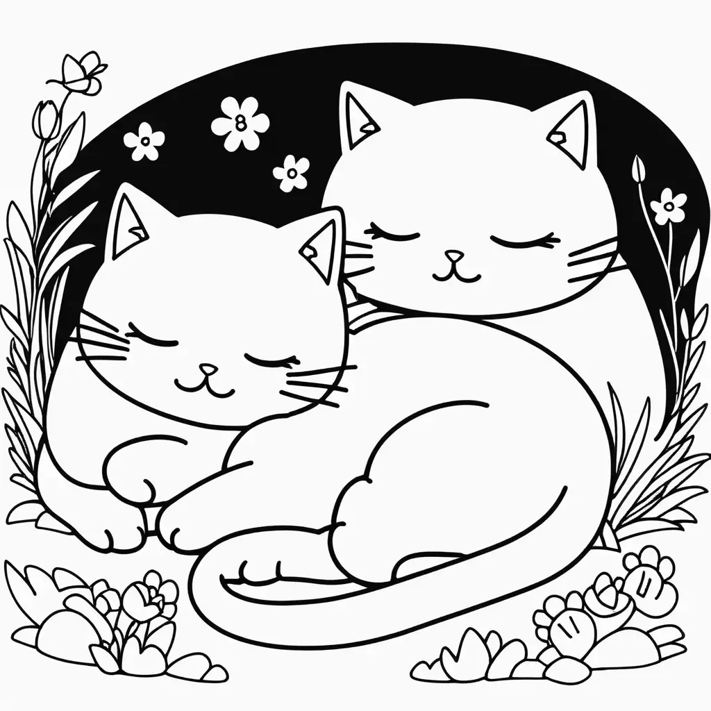 Black And white coloring image of two cute kawaii cats sleeping one next to the other, black lines white background anime style