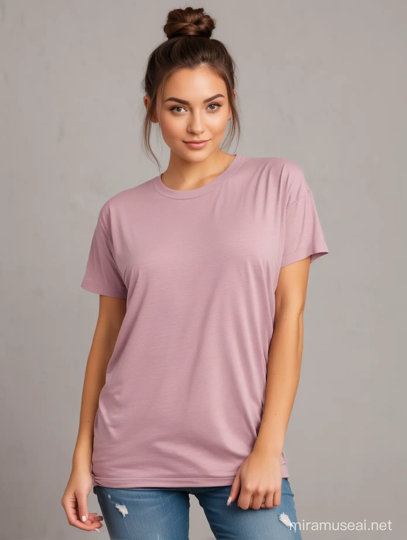 model wearing an oversized Bella Canvas Heather Mauve color plain tshirt with hair tied