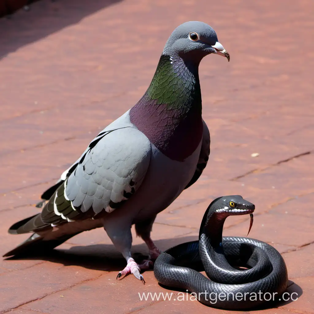 Serene-Monk-Pigeon-with-Companion-Snake-in-Tranquil-Harmony