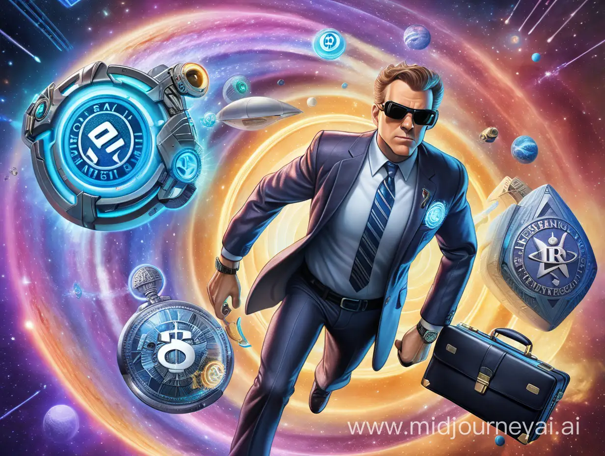 Dynamic image of Agent ChronoSmith, donned in a futuristic suit, wielding a time-traveling briefcase with the IRS emblem. The backdrop features swirling cosmic colors, hinting at the vast temporal journey.