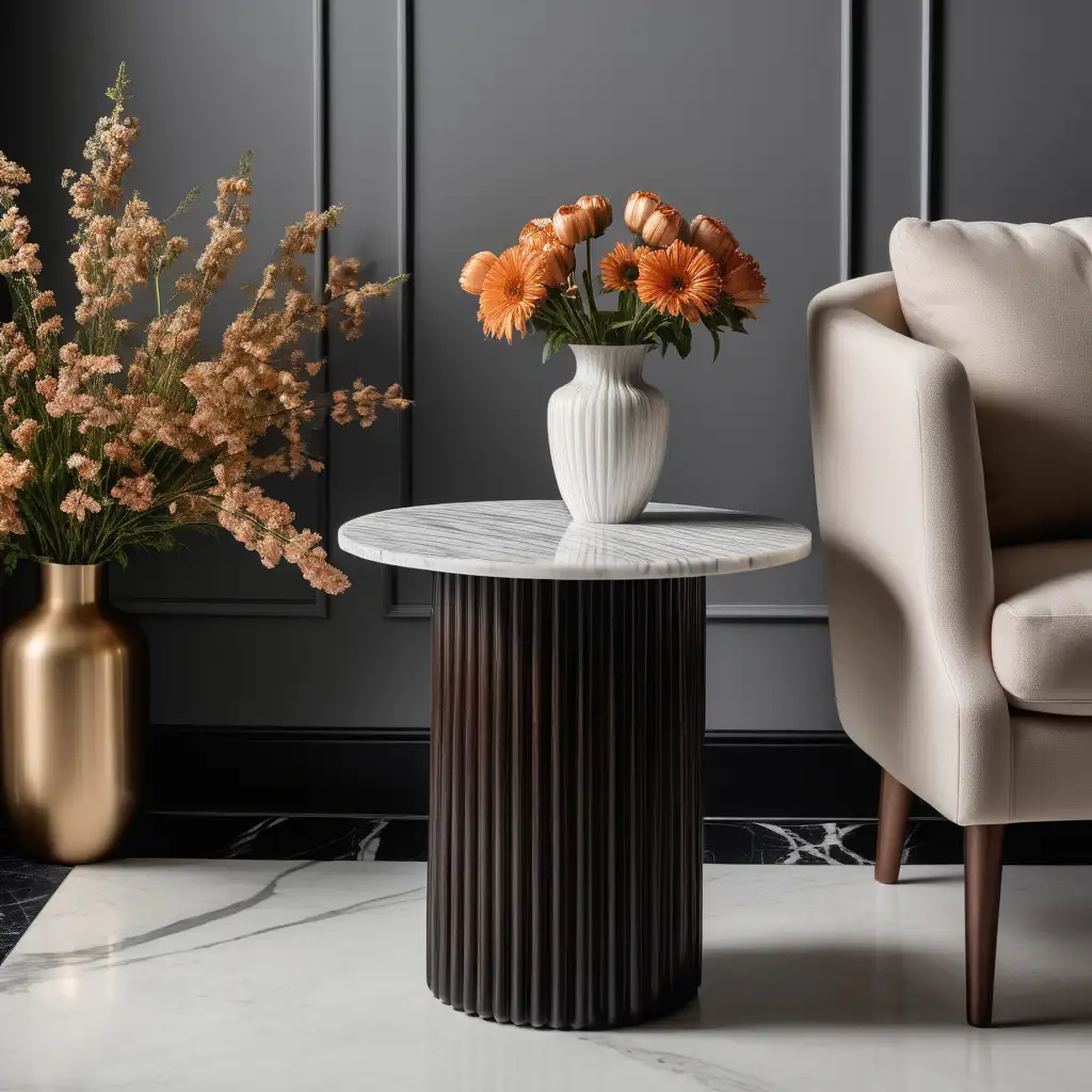 A product photography picture of an side table with rounded dowels fluted base with a marble pattern table top in the  centre of a contemporary living room with a vase of flowers on top of it.