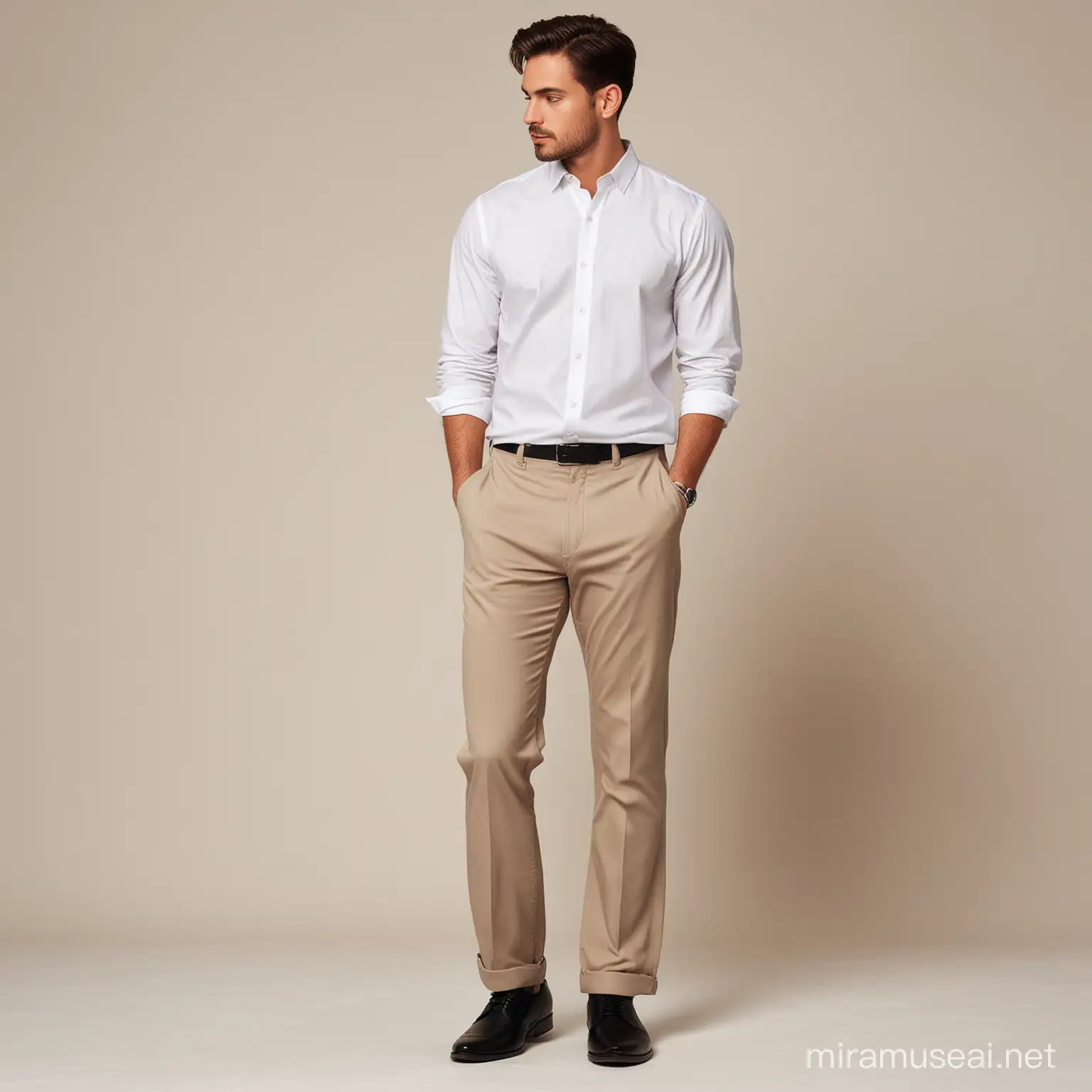 Mens Fashion Full Body Shot in Beige Trousers and White Shirt on Modern ...