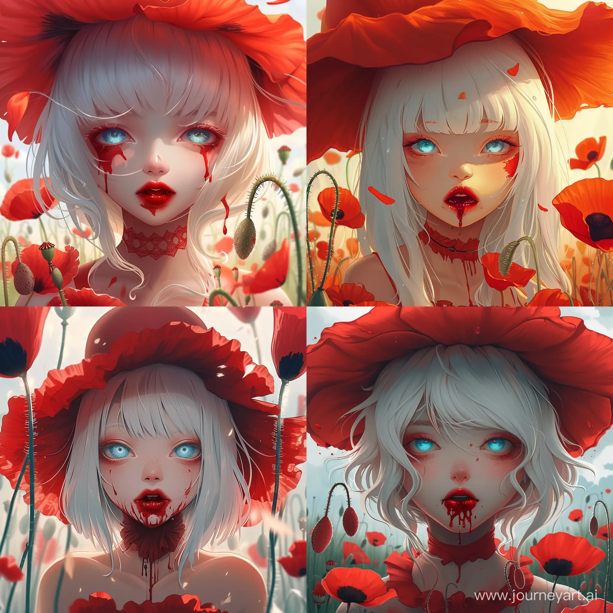 A poppy flower in the form of an anime girl. A girl with white hair. The girl has a red hat. There is a poppy field and poppy petals around the girl. The girl is wearing a red sundress. The girl's lips are stained with blood. The girl has bright blue eyes. the girl has red hair tips.