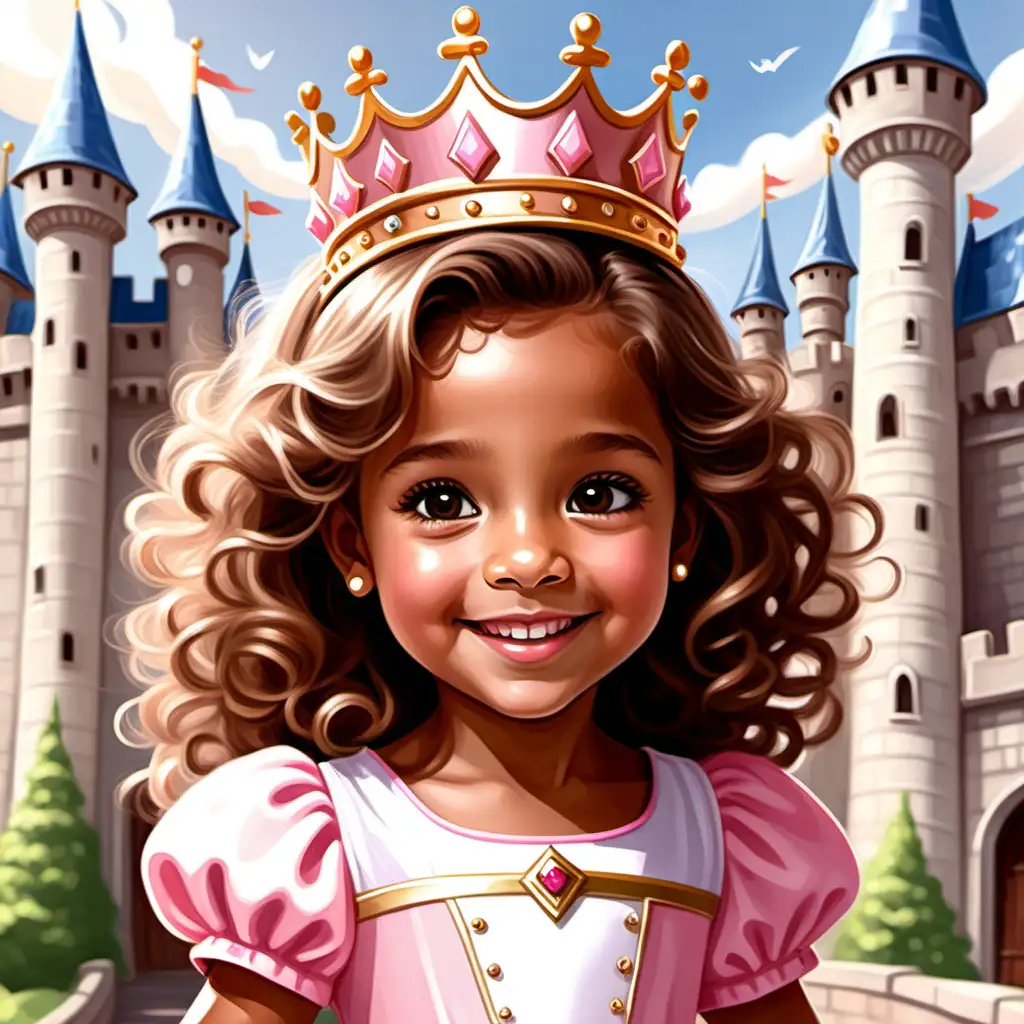 Flat art, children's book, cute, 5 year old girl, tan skin, light hazel eyes, happy expression, long tight curl brown hair, angelic, beautiful, pink and white dress, princess clothing with large crown, castle 