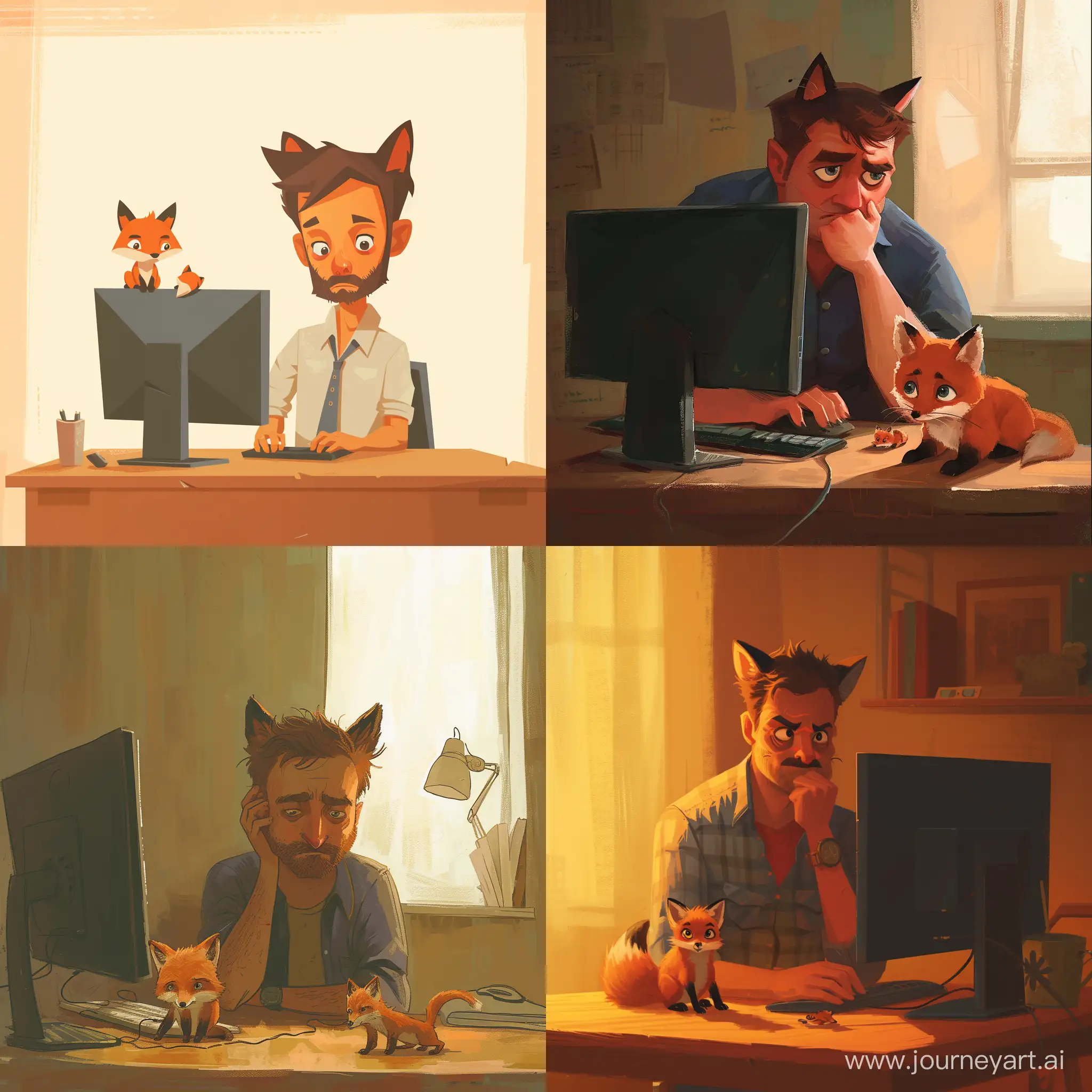 Грустный парень сидящий за компьютером, с кошачьими ушами, на столе лежит маленький лисенок, в анимационном стиле