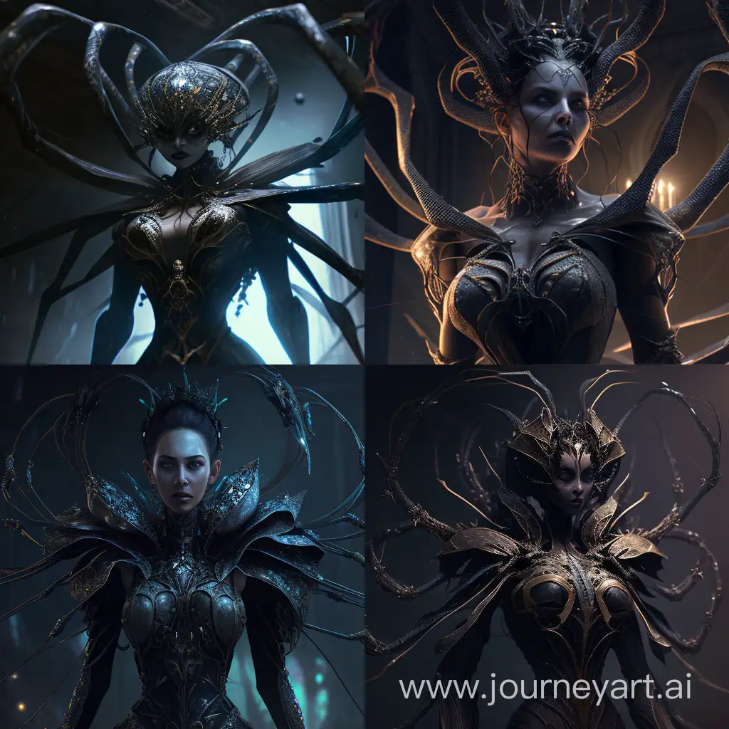 Arachne, beautiful spider goddess, horror, dark, volumetric lighting, epic details, hyper detail, 8k