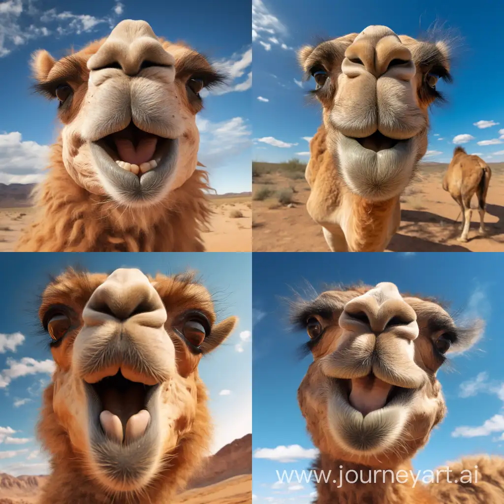 hyper realistic camel , top down, looking up, camera pointing down, looking at the camera, sun shining on his face, ultra 8k, highly detailed, 8k
