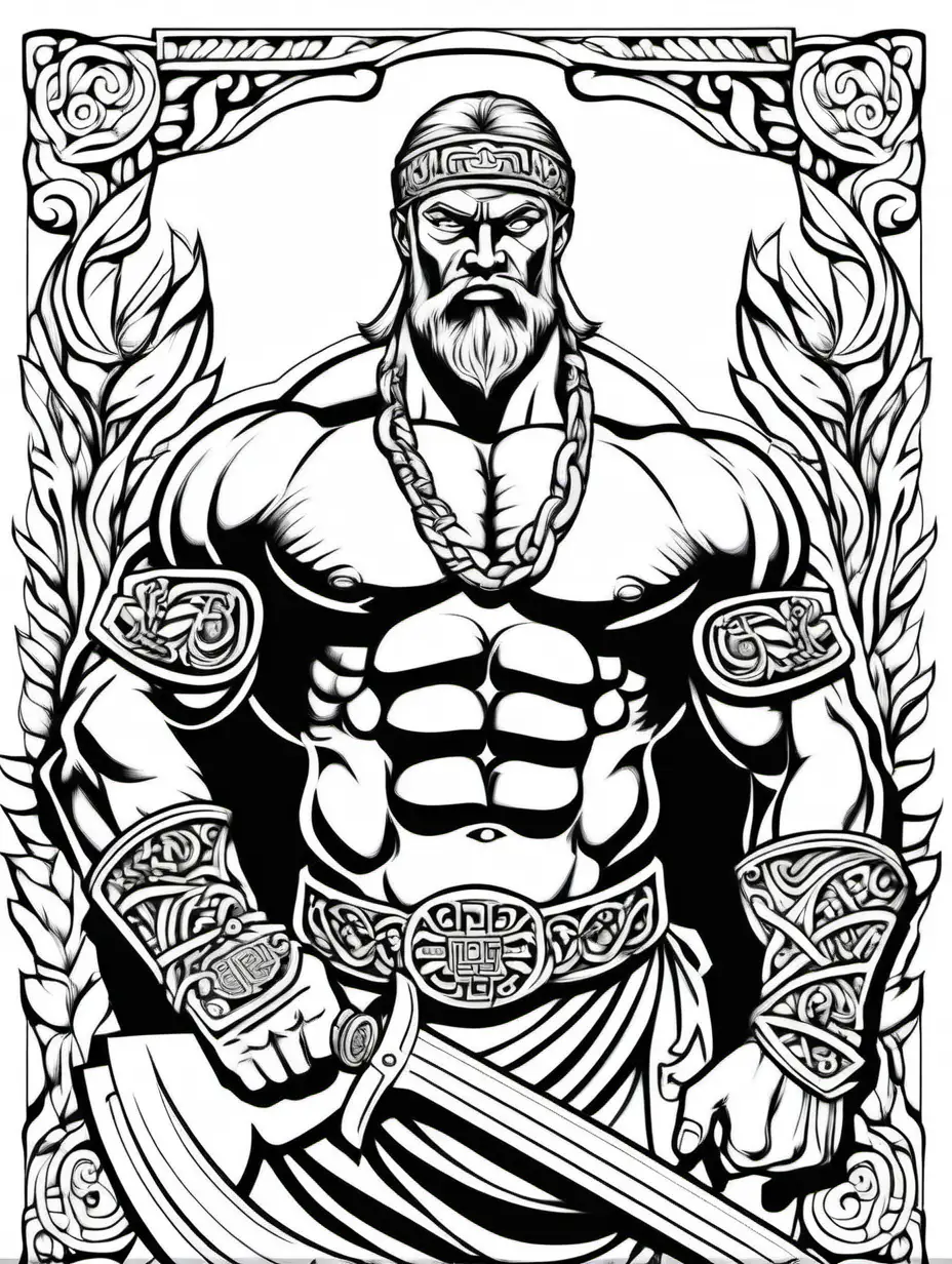 coloring page, naked big muscles slavic warrior guarding, big package, no background