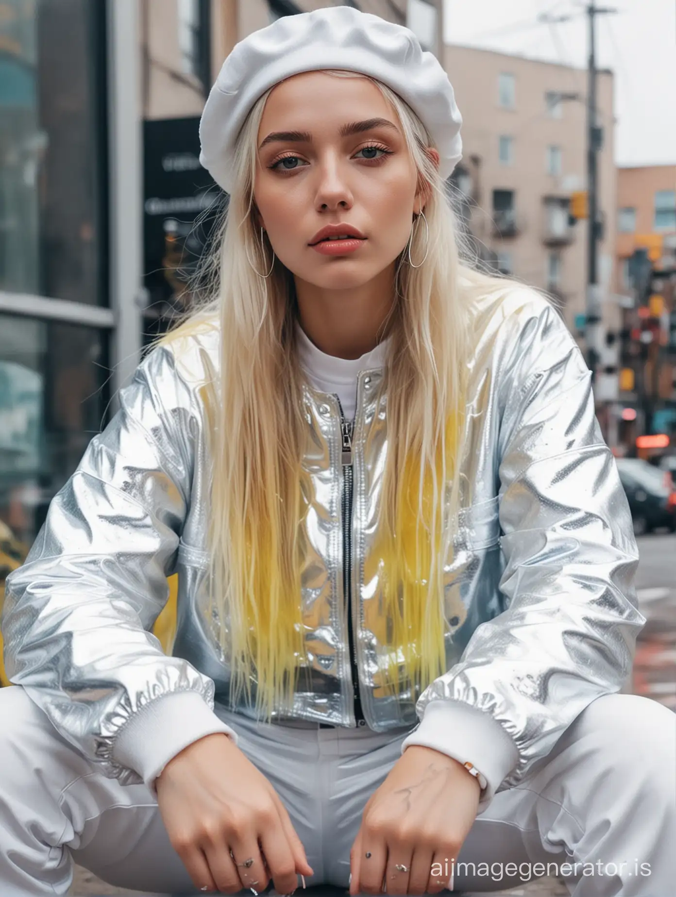 🥰         girl in silver, choker earrings, aesthetics of female face, grunge textures, mascara, wet watercolor, straight long blonde hair wearing a white beret, double exposure, Gangsta Style, VSCO Filter, faux leather oversized jacket, clothing made of holographic lemon fabric, white joggers with sneakers, sitting, full-length, neon filter, background city bright-acid colors