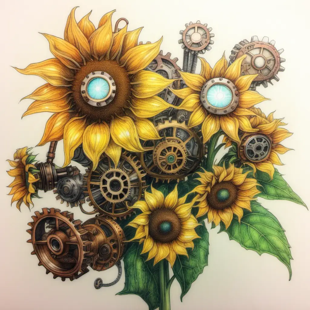 color pencil sketch of a bunch of steampunk style sunflowers
