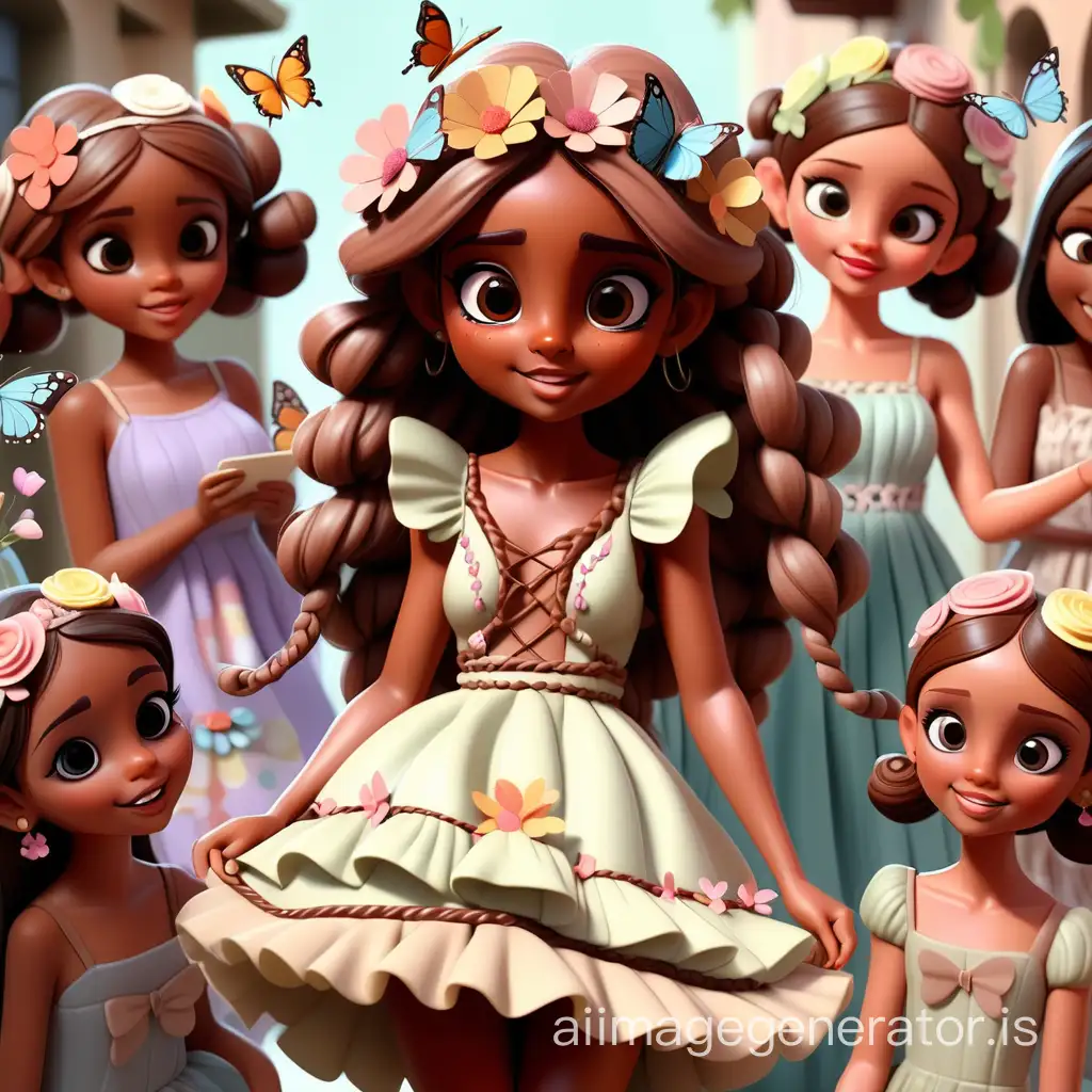 A brown skinned fairy girl with beautiful round eyes and long lashes, full lips her hair is beautifully braided and decorated with pastel colored Flowers and Butterflies with an adorable dress and matching slippers. She is surrounded by a group of friends who are celebrating her birthday.