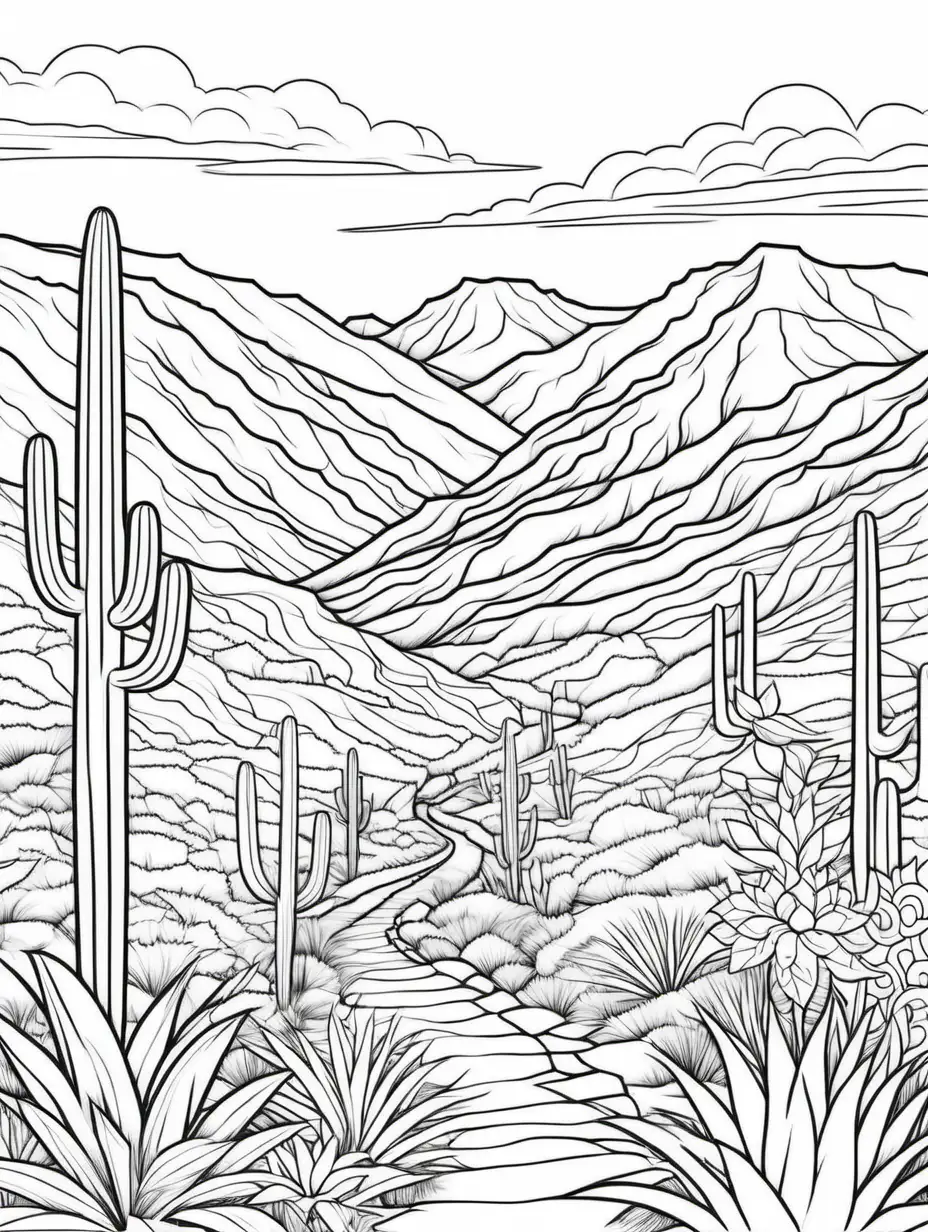 create a tall coloring page for adults of a mexican landscape with black outlines, only white fill, no shading