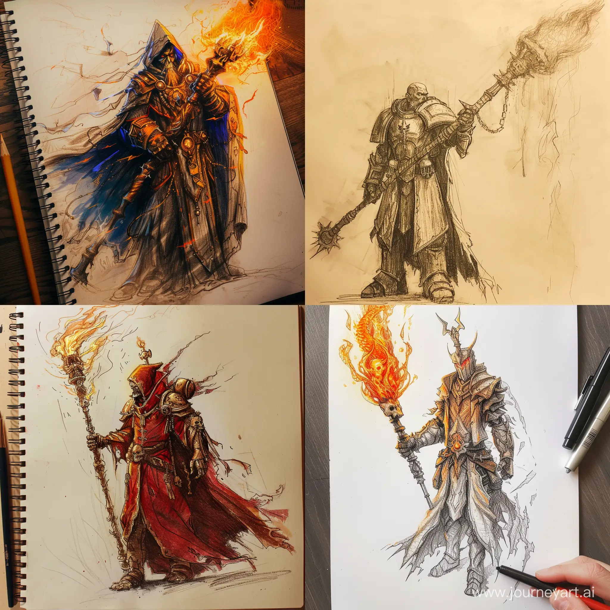 draw an ancient fire staff of a fantasy magician in the style of Warhammer 40,000