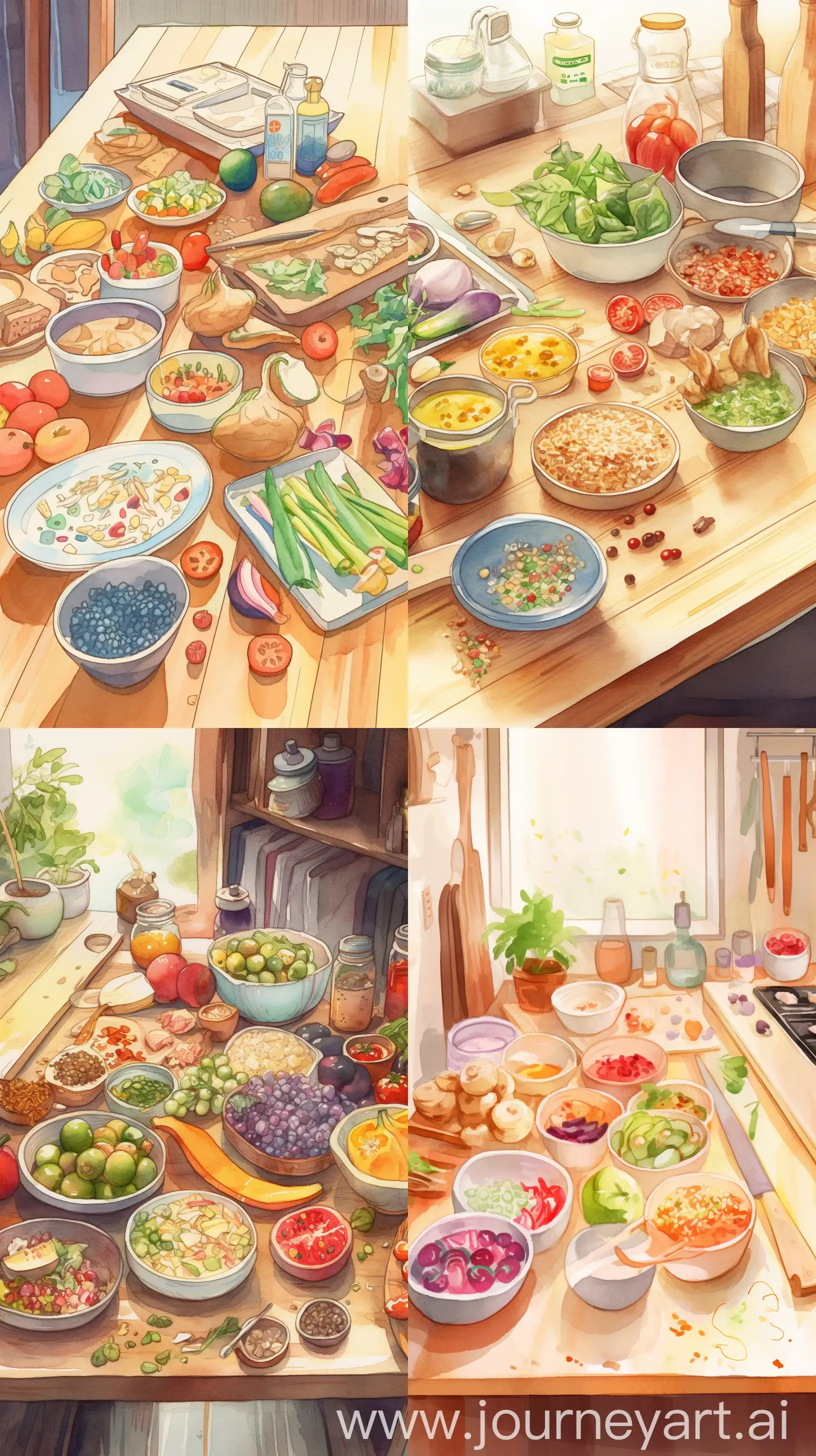 /imagine prompt: An eco-conscious cooking space with vibrant fruits and vegetables being chopped on a bamboo cutting board, reusable containers filled with grains and pulses, soft natural light, showcasing the harmony between culinary artistry and sustainability, Illustration, watercolor painting on textured paper, --ar 9:16 --v 5