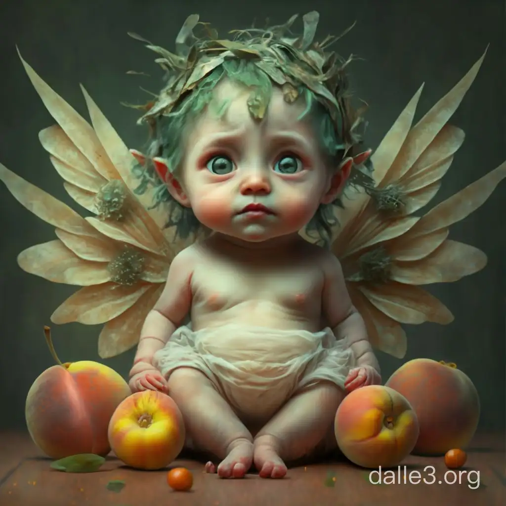 pudgy baby with pale green skin, green hair and green eyes, with wings made from corn husks, wearing a white cloth diaper, with peaches in the background, in a fantasy art style