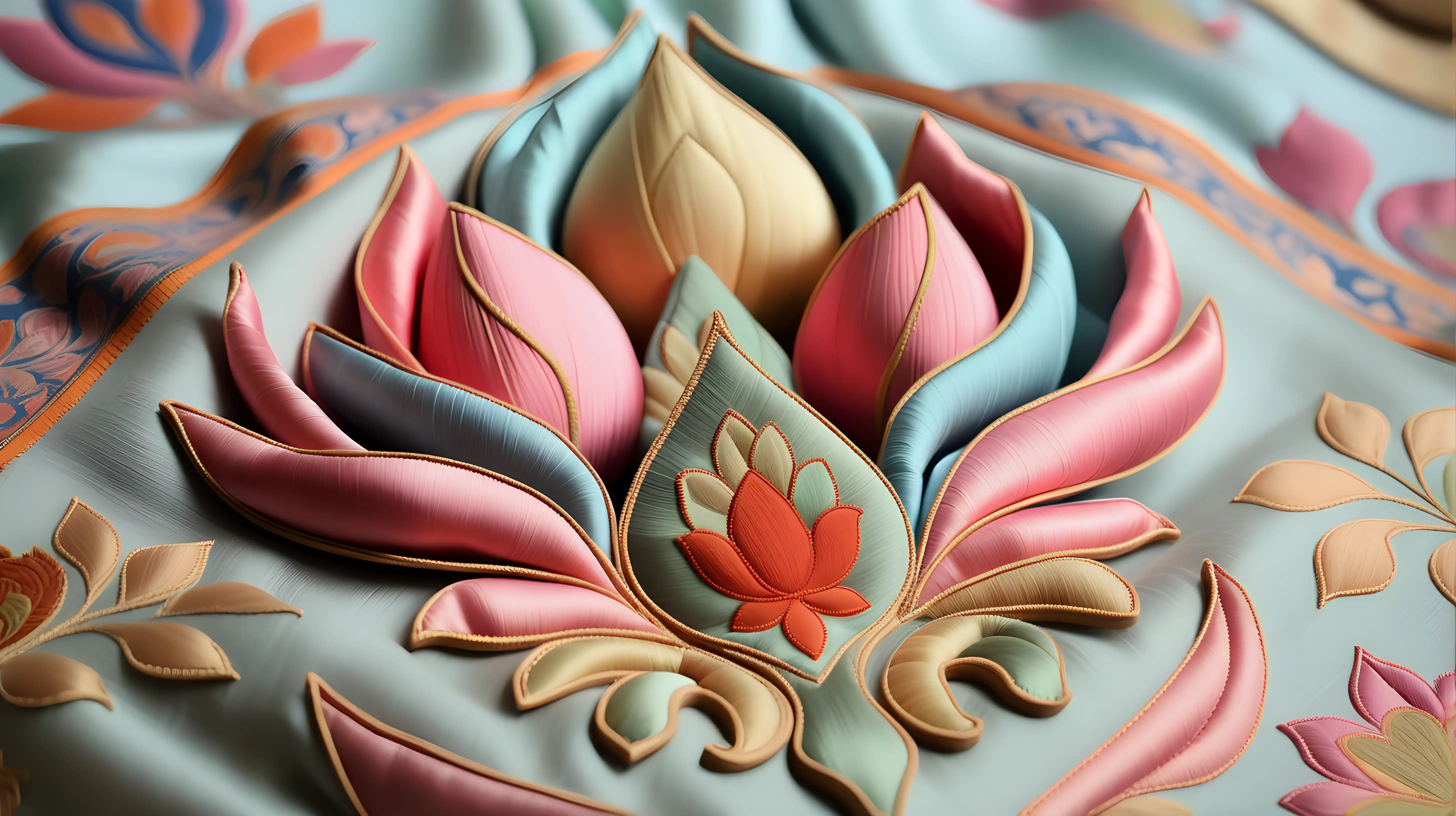 ''SILK FACTORY YEREVAN''  logo with lotos and silk textiles inside of lotos. All in pastel colours.
