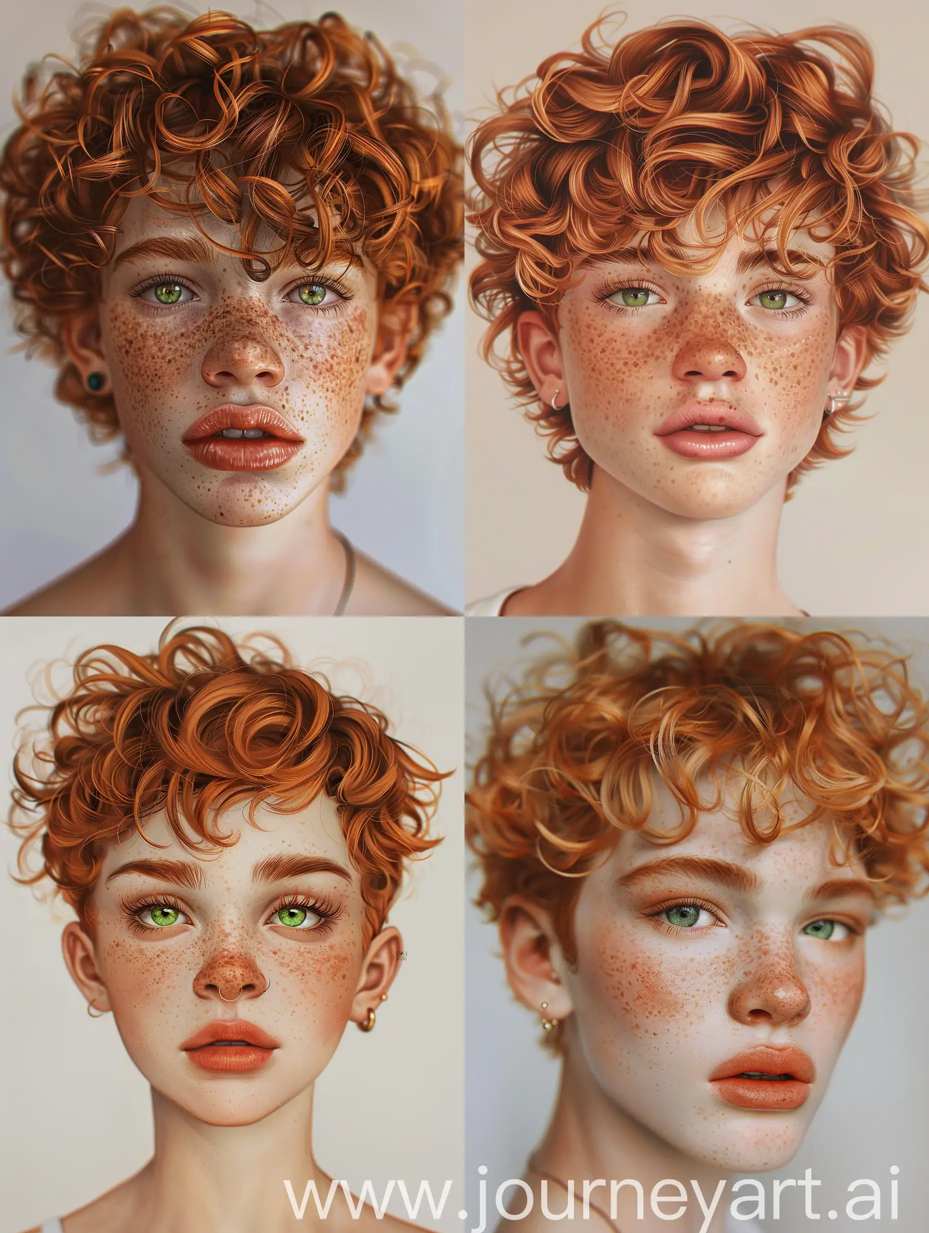 ((a boy)),curly hair,short ginger hair,green eyes,detailed eyes,eyelashes,full lips,freckles,blush,earring,light background
