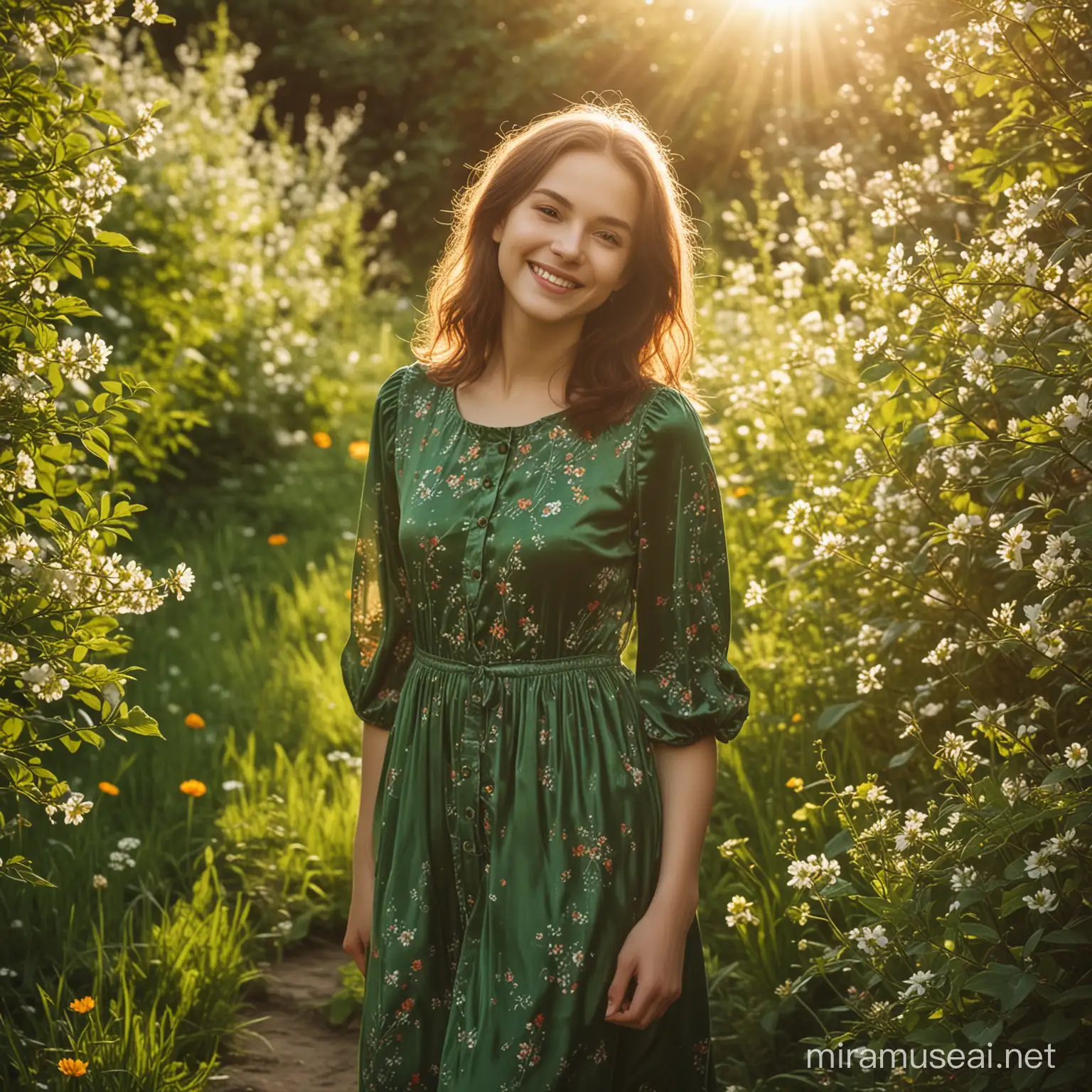 Girl in Green Velvet Dress Embraces Spring Dawn in Blossoming Garden