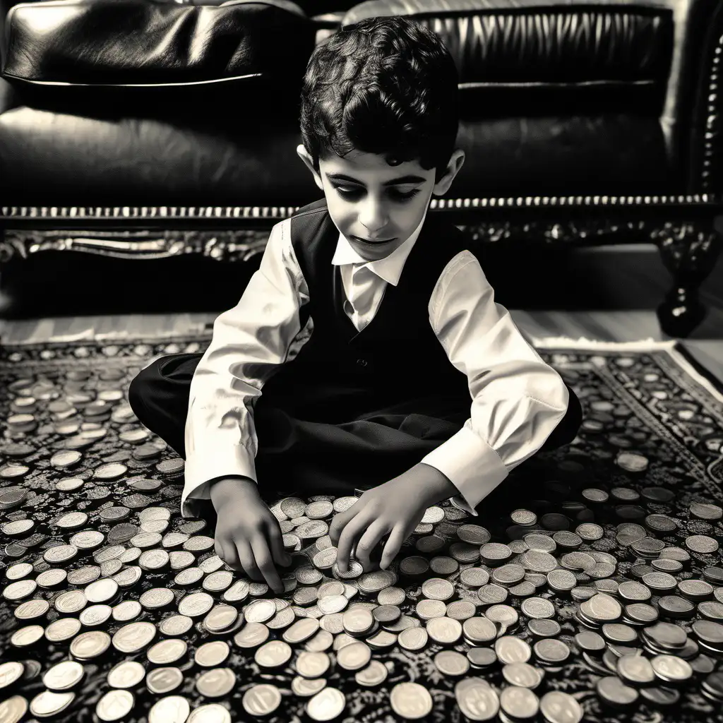 7 year old  from the Middle East aspiring to be a magician, a bunch of coins on the rug, the kid he learning how to vanish a coin , black and white, vintage look to the photo, nostalgic, sweet, memories