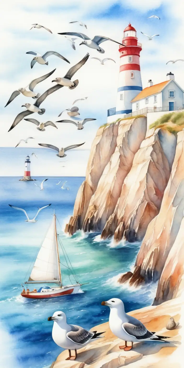 Scenic Summer Seascape with Sailboat Seagulls Sunbathing Seal and Watercolor Lighthouse