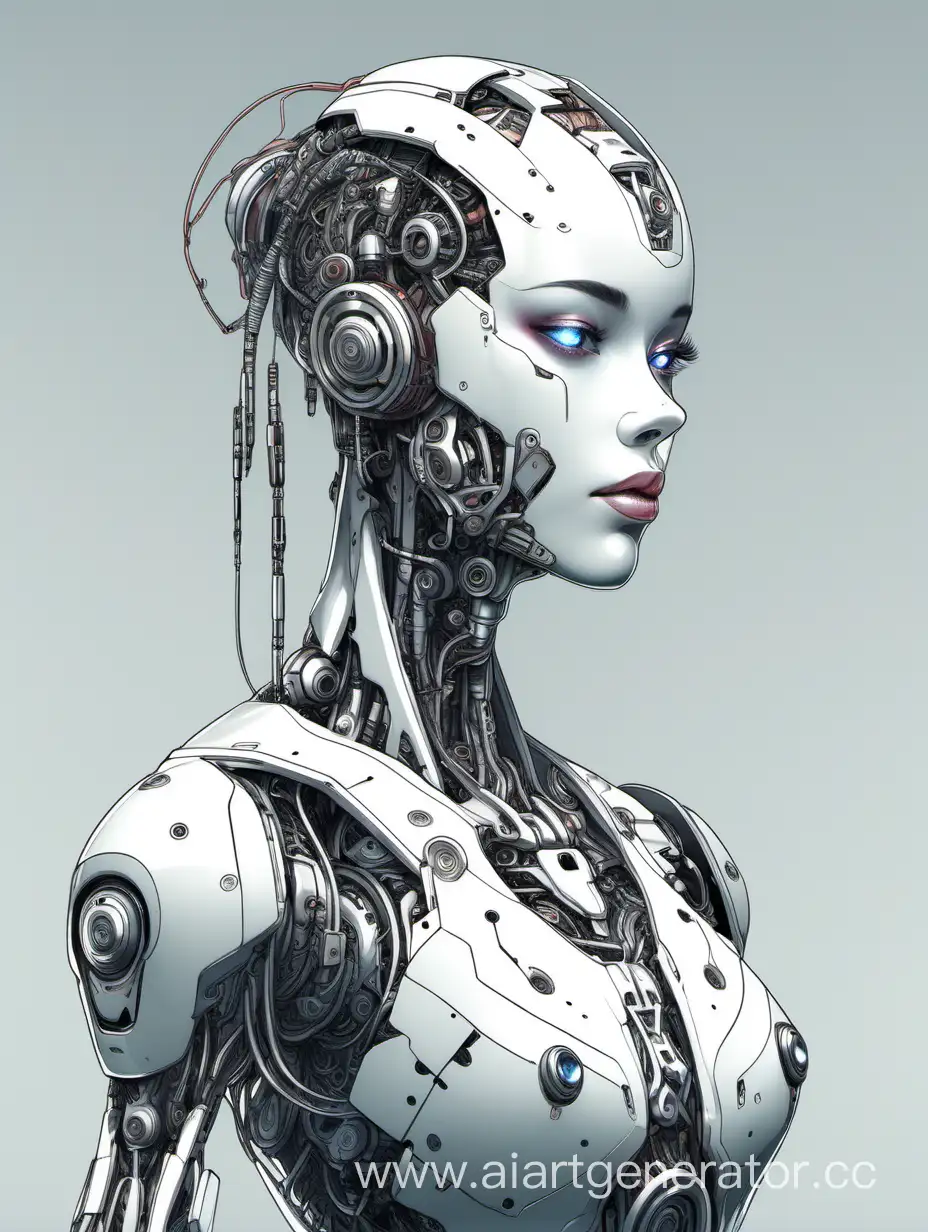 красивая девушка робот в полный рост, детально прорисовано лицо,  прямой взгляд, на белом фоне