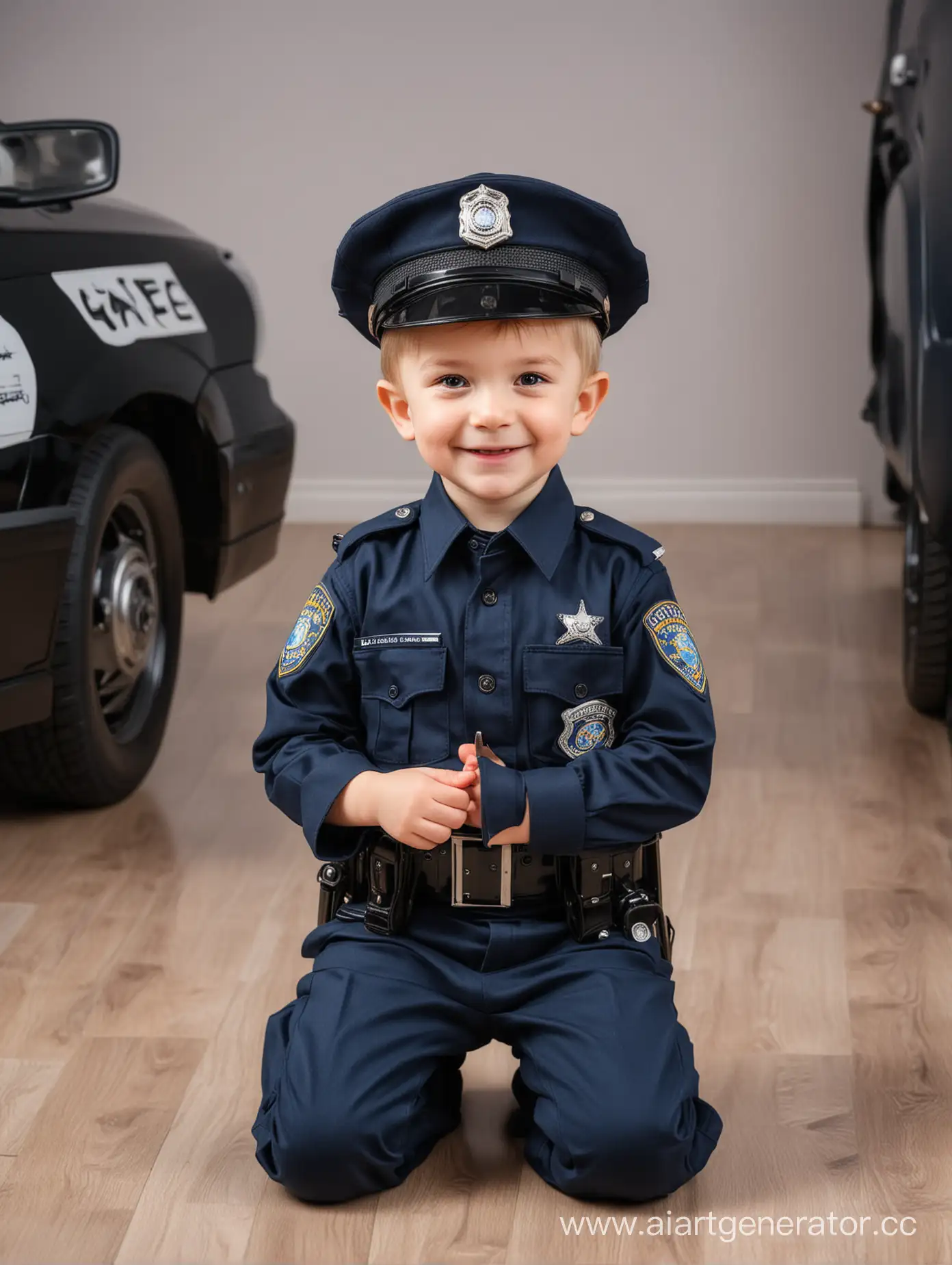 little happy boy in a police uniform sits on his knees on the floor and plays with cars