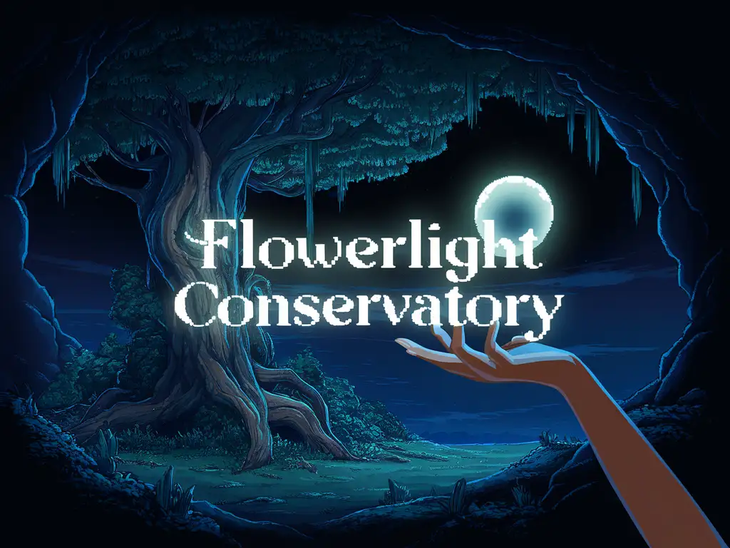 pixel art videogame splash screen, a single ancient tree grows in a cave, the midnight sky is visible through the cave opening, a brown-skinned female hand stretches across the screen with a glowing orb of light in an upturned palm, soft white neon writing in a feminine style that reads "Flowerlight Conservatory"