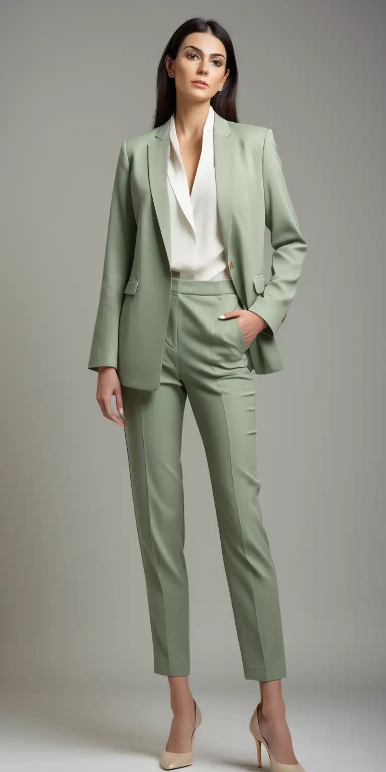 Woman wearing  soft green suit , pant and jacket, white stylish blouse, beige stiletto shoes, straight stance, gray background, 35 mm photography, full body