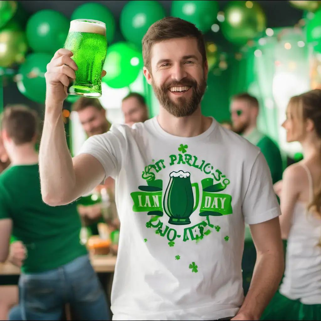 A man holding a green beer  with a st patricks day party in the background