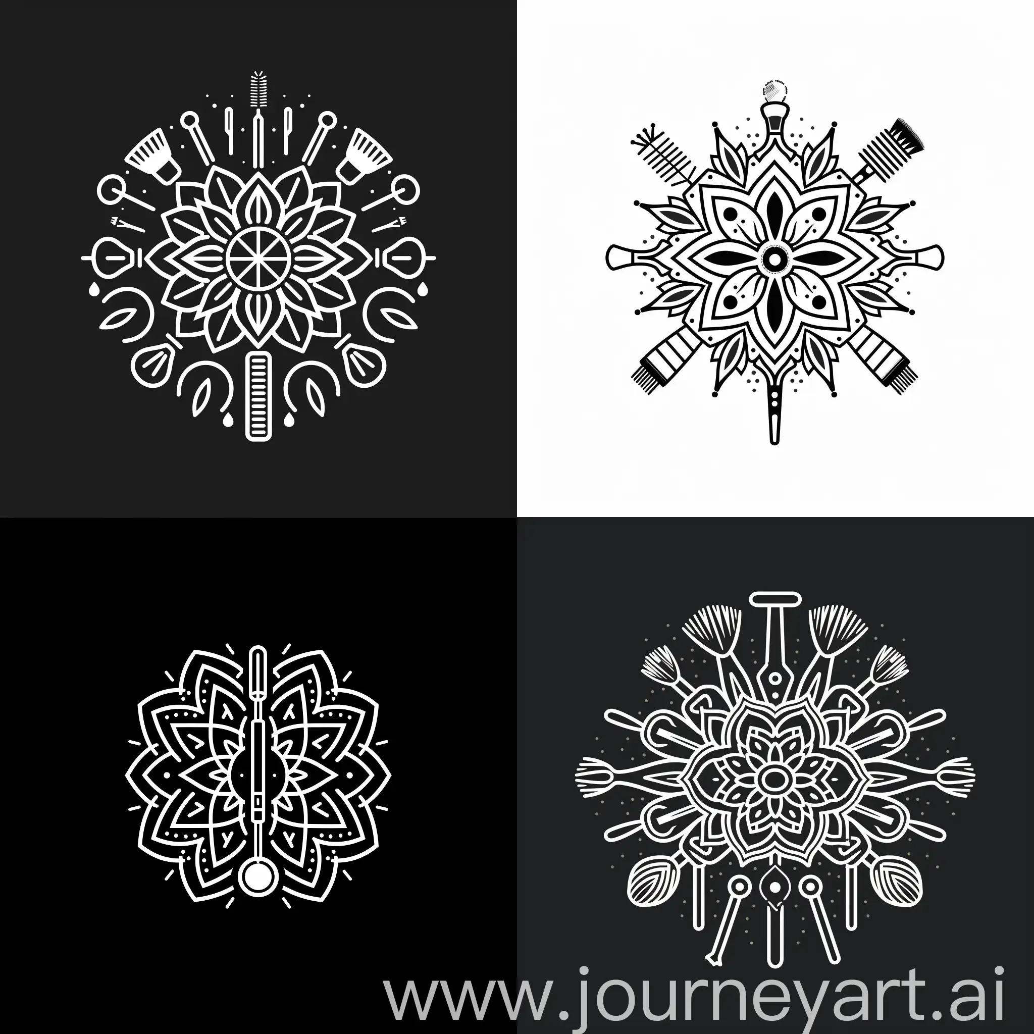 Black and white linear logo of a combination of beauty salon tools and mandala