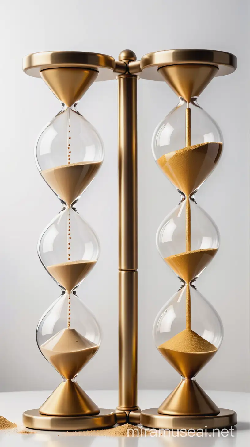Two hourglasses side by side made from 6 banks. Sand into hourglass is golden. White backround. Behind hourglasses is placed golden big X.