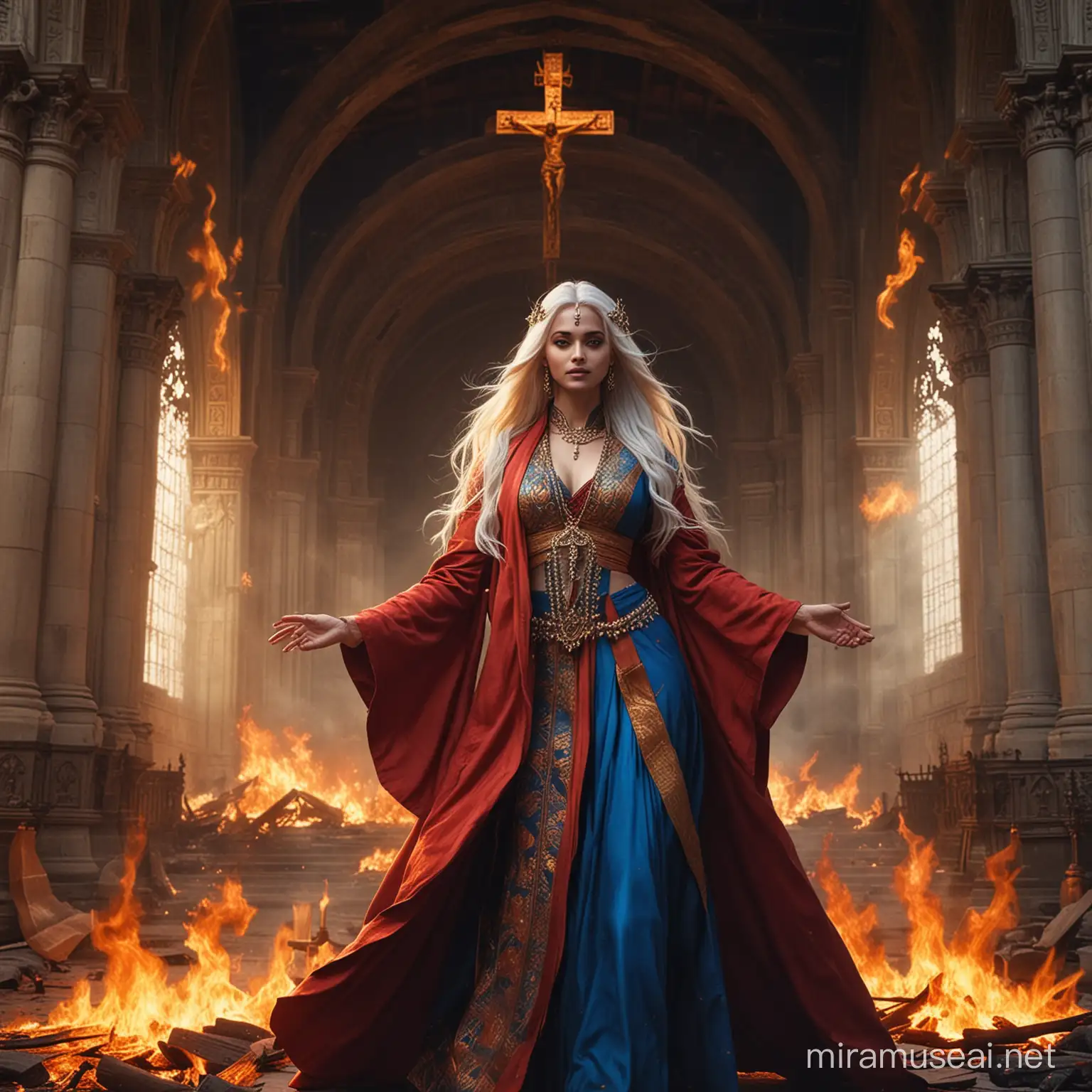 Majestic Teenage Goddess in Ancient Cathedral with Devoted Followers