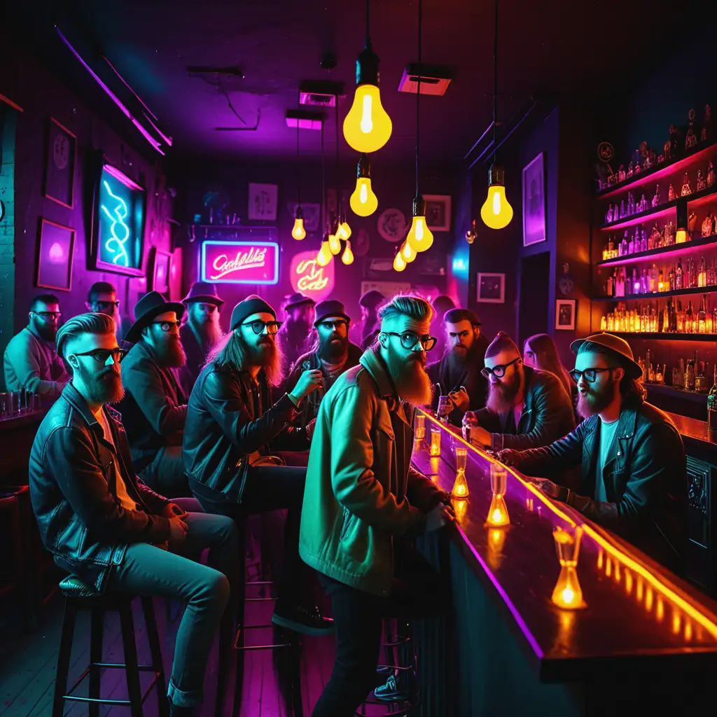 a bunch of hipsters in a cool bar with lots of dark candlelight and neon lights